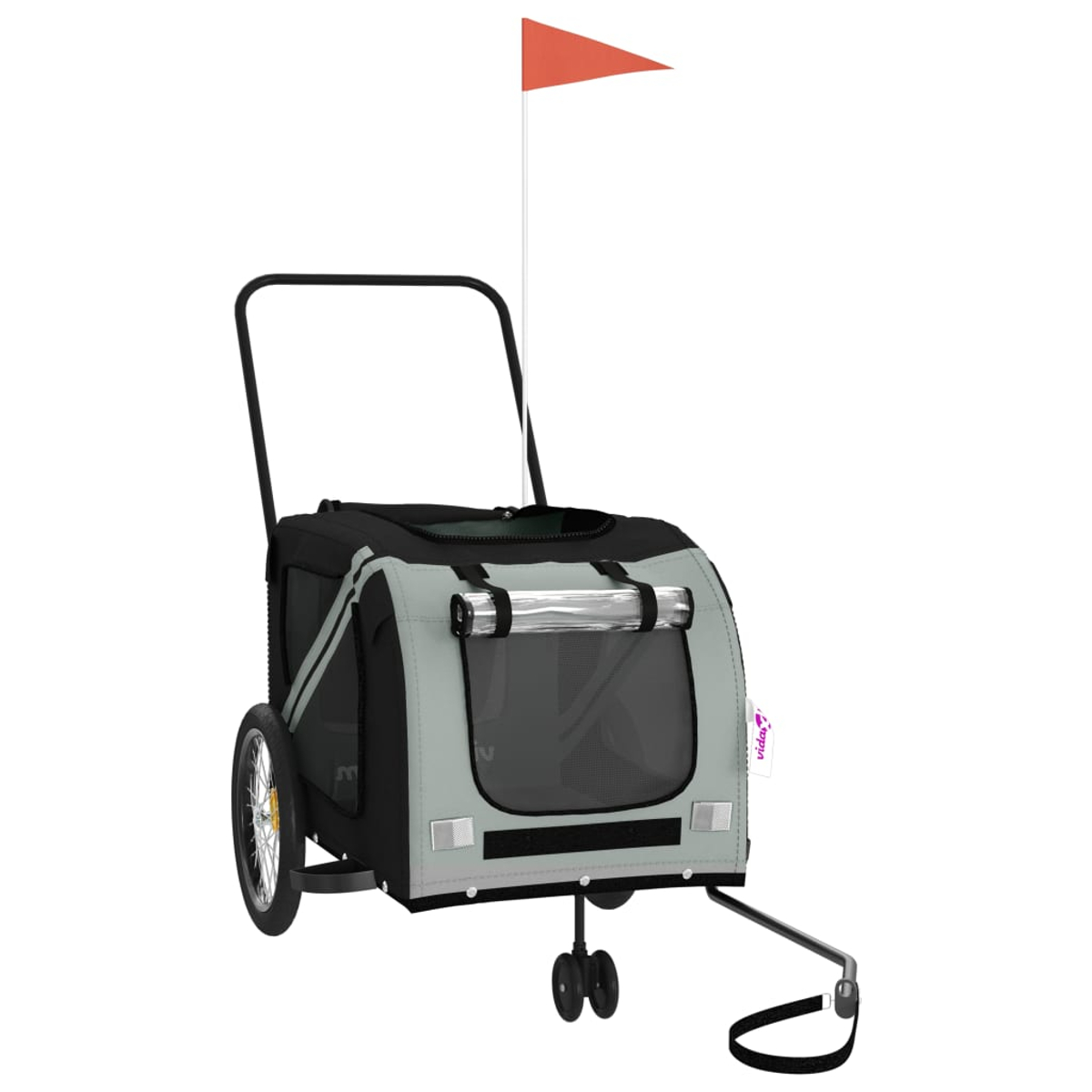 Ein Hundeanhänger mit schwarzem Rahmen, grauem und schwarzem Stoff und einer kleinen orangefarbenen Flagge oben. Er hat zwei Räder und einen Griff.