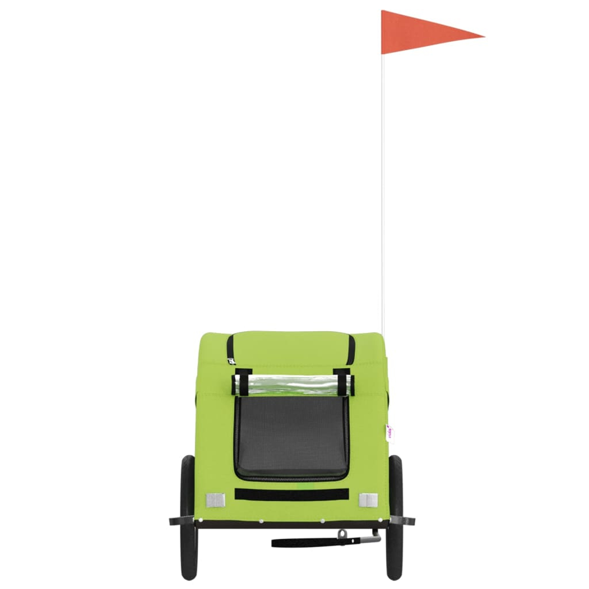 Ein grüner Haustieranhänger mit schwarzem Fenster und einer orangefarbenen Flagge. Der Anhänger hat schwarze Räder und einen schwarzen Griff. Weißer Hintergrund.