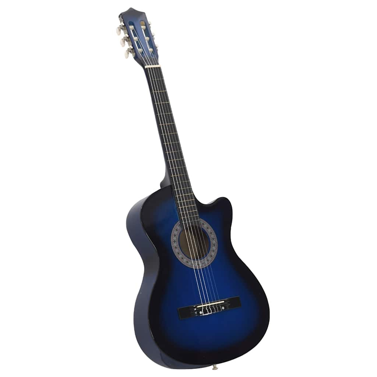 Akustikgitarre mit blauem Farbverlauf. Die Gitarre ist abgewinkelt und zeigt Korpus, Hals und Kopfplatte vor weißem Hintergrund.