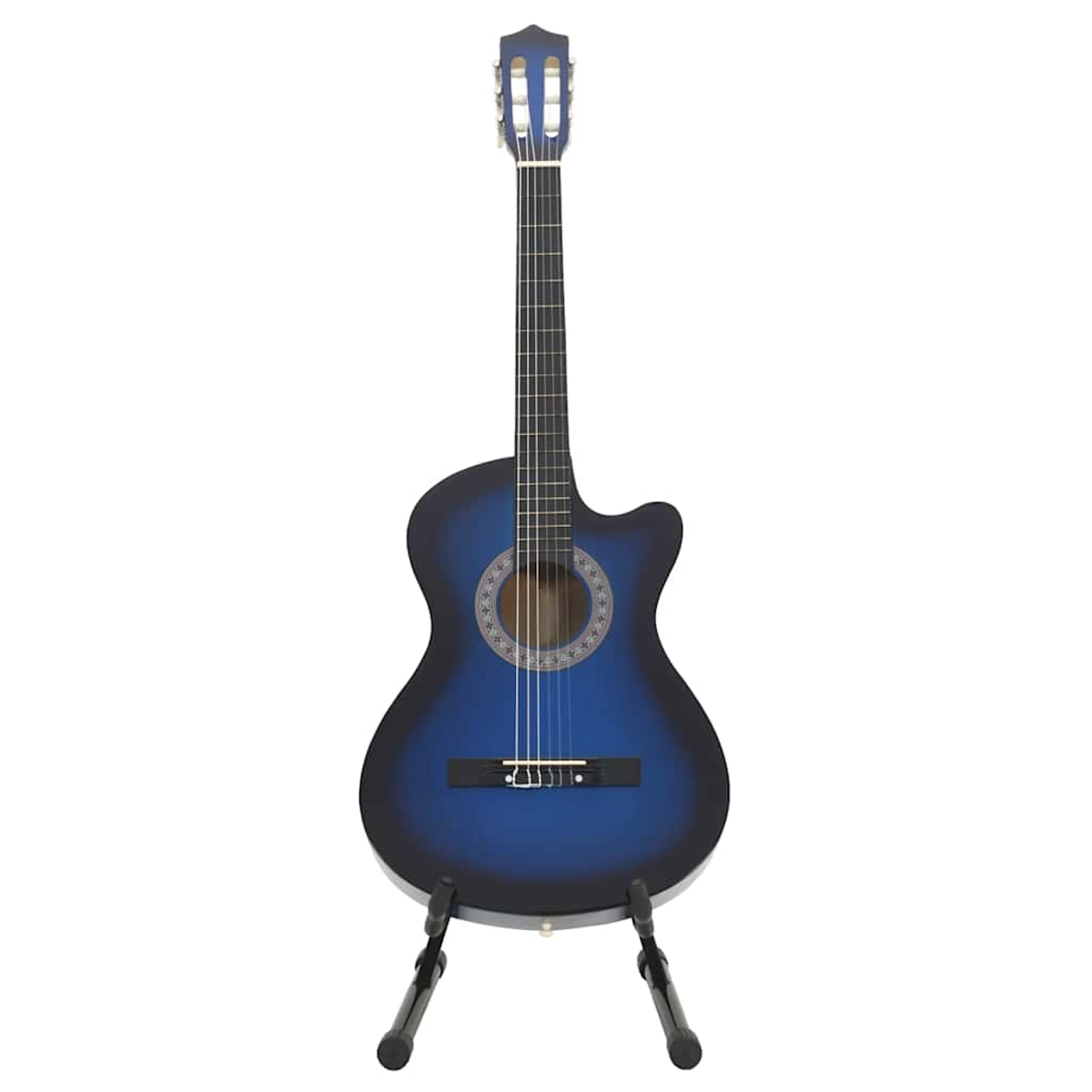 Akustikgitarre in blauem Farbverlauf, auf einem schwarzen Ständer. Die Gitarre hat ein rundes Schallloch und Saiten. Weißer Hintergrund.
