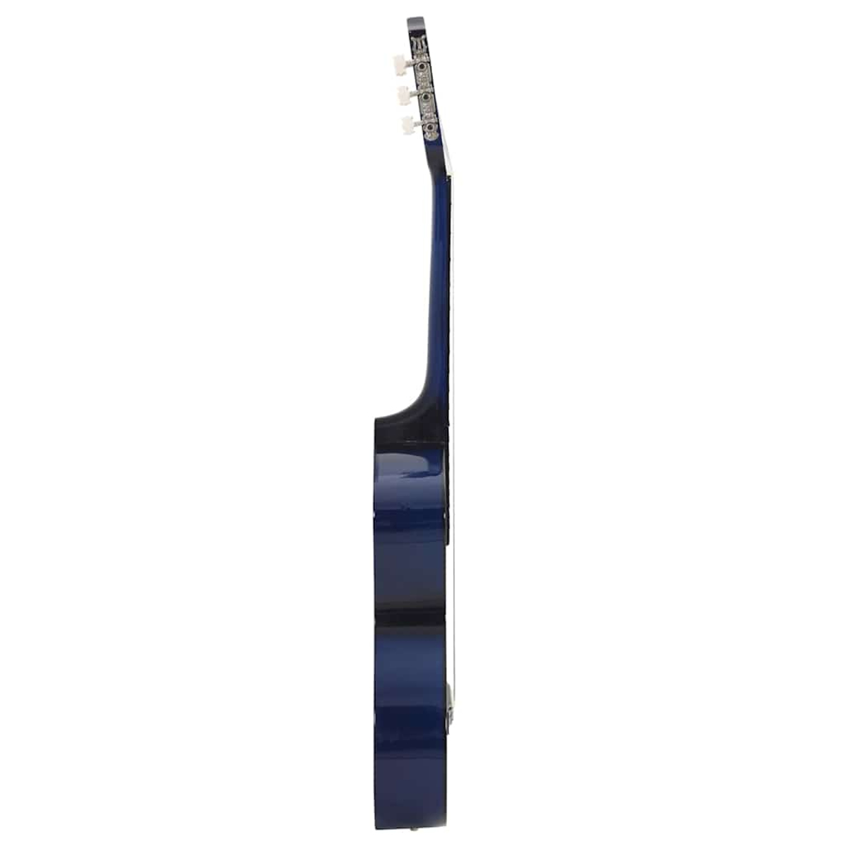 Eine dunkelblaue Akustikgitarre von der Seite. Der Kopf hat Stimmwirbel. Der Korpus ist dunkler blau.