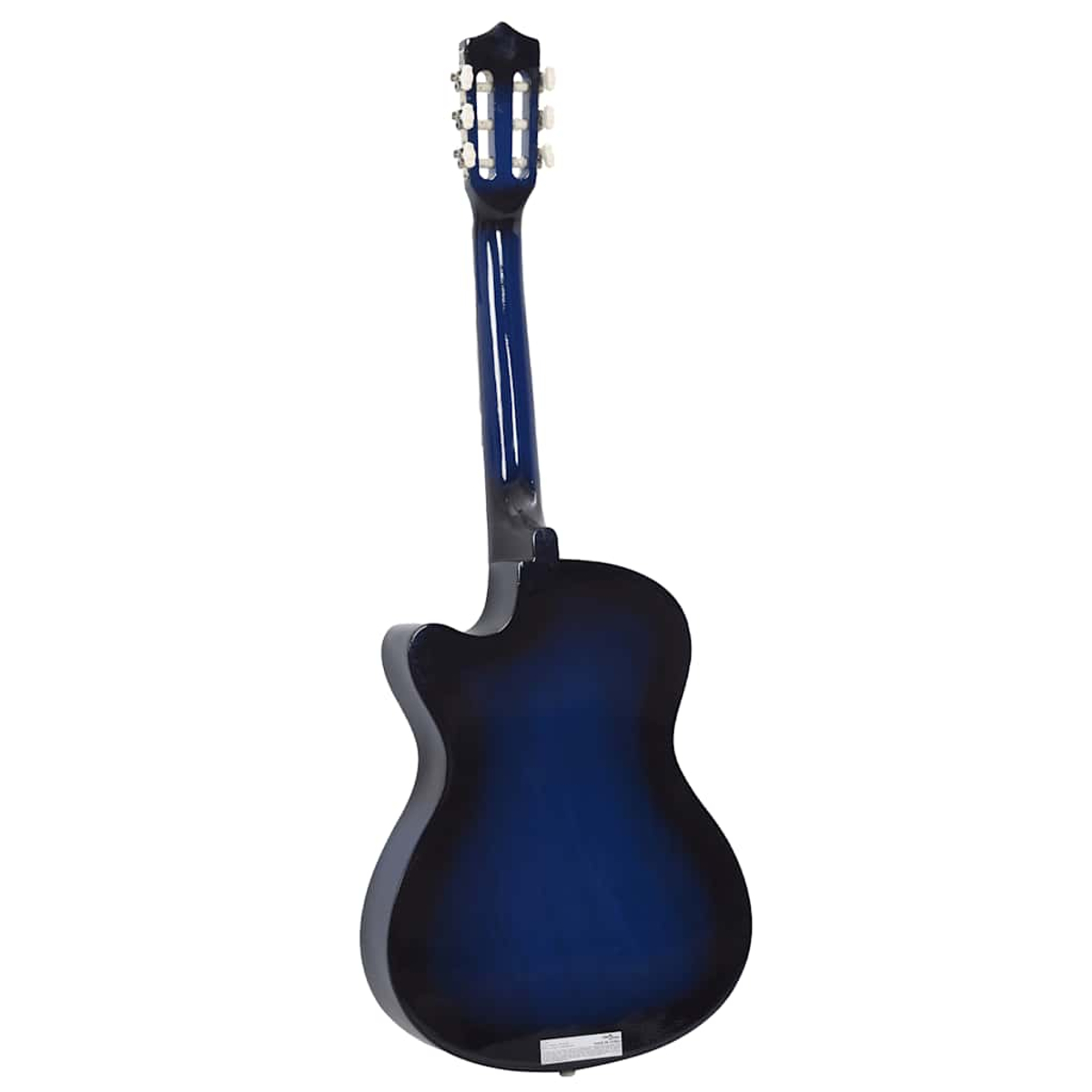 Akustikgitarre, Rückansicht, angewinkelt. Blau-schwarzer Korpus mit langem Hals und weißen Stimmwirbeln. Isoliert auf weißem Hintergrund.