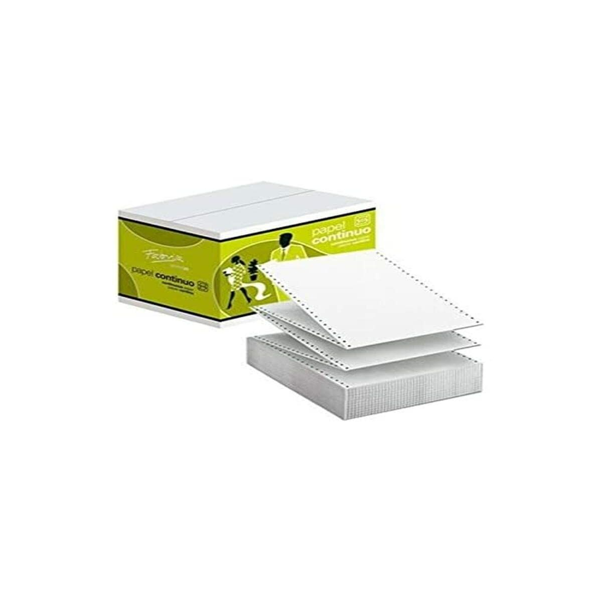 Eine Schachtel Endlospapier mit grün-weißem Design und ein Stapel weißer Papierblätter.