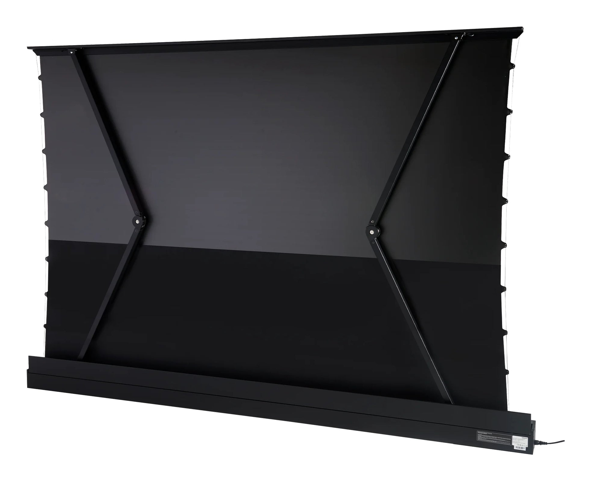 Eine einziehbare schwarze Projektorleinwand. Sie hat schwarze Stützarm und ein schwarzes Gehäuse. Der Bildschirm ist teilweise geöffnet.