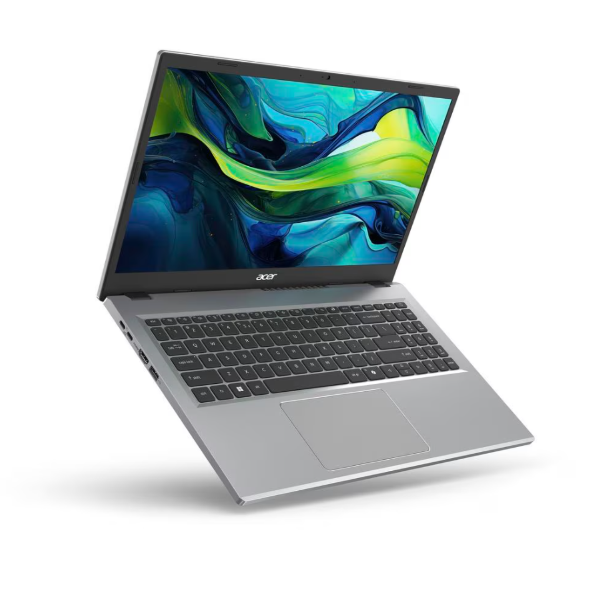 Silberner Laptop mit offenem Bildschirm. Tastatur sichtbar. Der Bildschirm zeigt ein abstraktes blaues, grünes und gelbes Design.