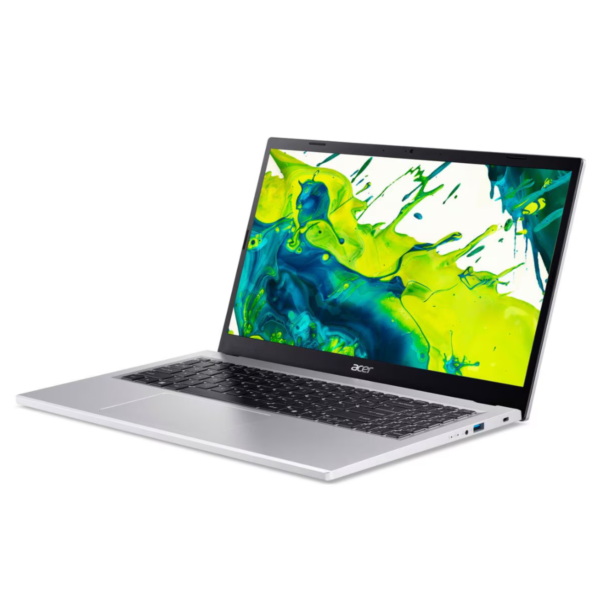Silberner Acer-Laptop geöffnet, Bildschirm zeigt grüne und blaue abstrakte Kunst. Tastatur sichtbar. Weißer Hintergrund.