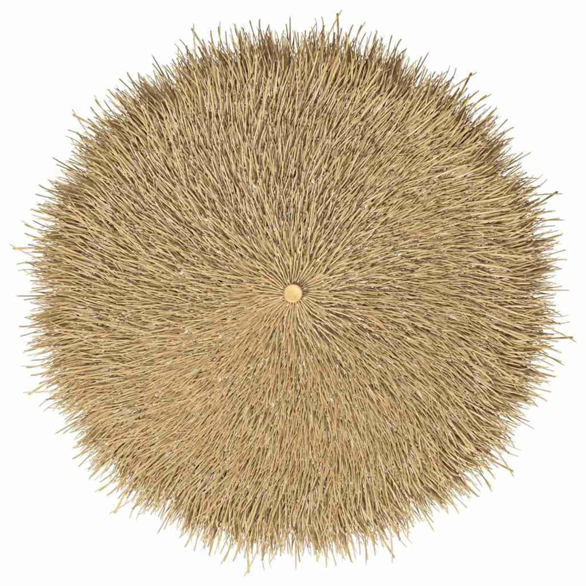 Elemento decorativo circolare in materiale simile a paglia, colore beige, con un piccolo centro dorato, su sfondo bianco.