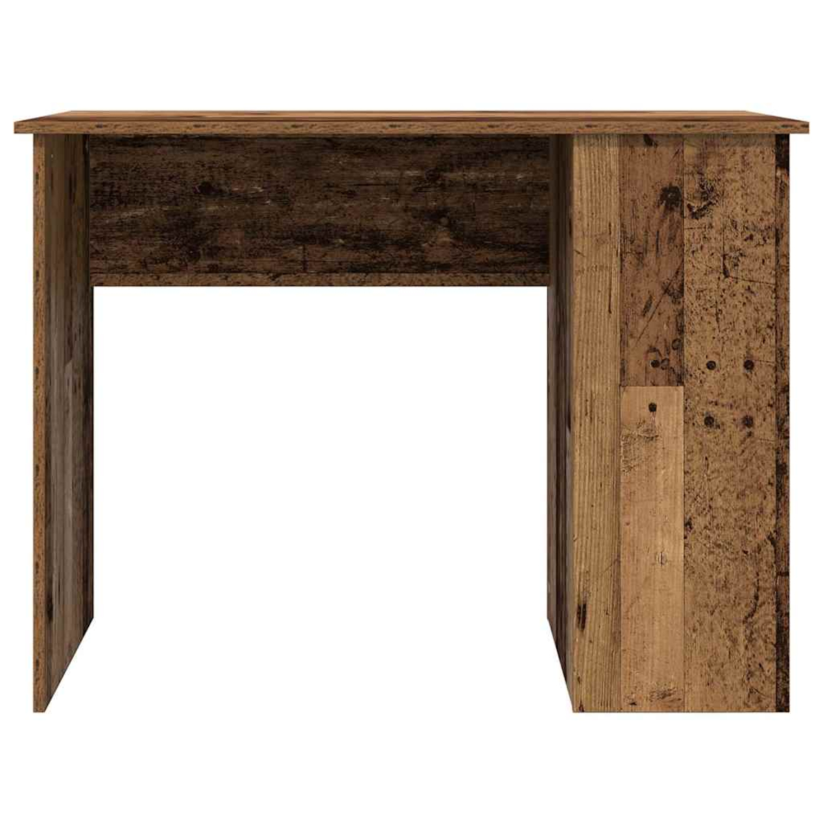Ein rustikaler Holzschreibtisch mit rechteckiger Oberseite und zwei Seitenstützen. Der Schreibtisch hat eine natürliche Holzfarbe und sichtbare Maserung.