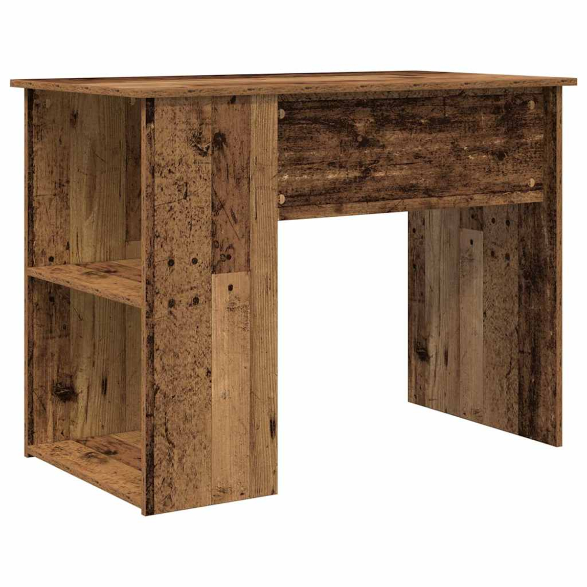 Ein rustikaler Holzschreibtisch mit Regal und großer Beinöffnung. Das Holz hat ein abgenutztes Aussehen mit sichtbarer Maserung.