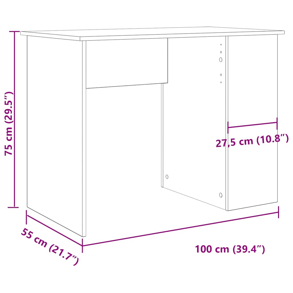 Eine schematische Zeichnung eines weißen Schreibtisches mit Maßen in Zentimetern und Zoll: 75 cm hoch, 100 cm breit, 55 cm tief und 27,5 cm breit.