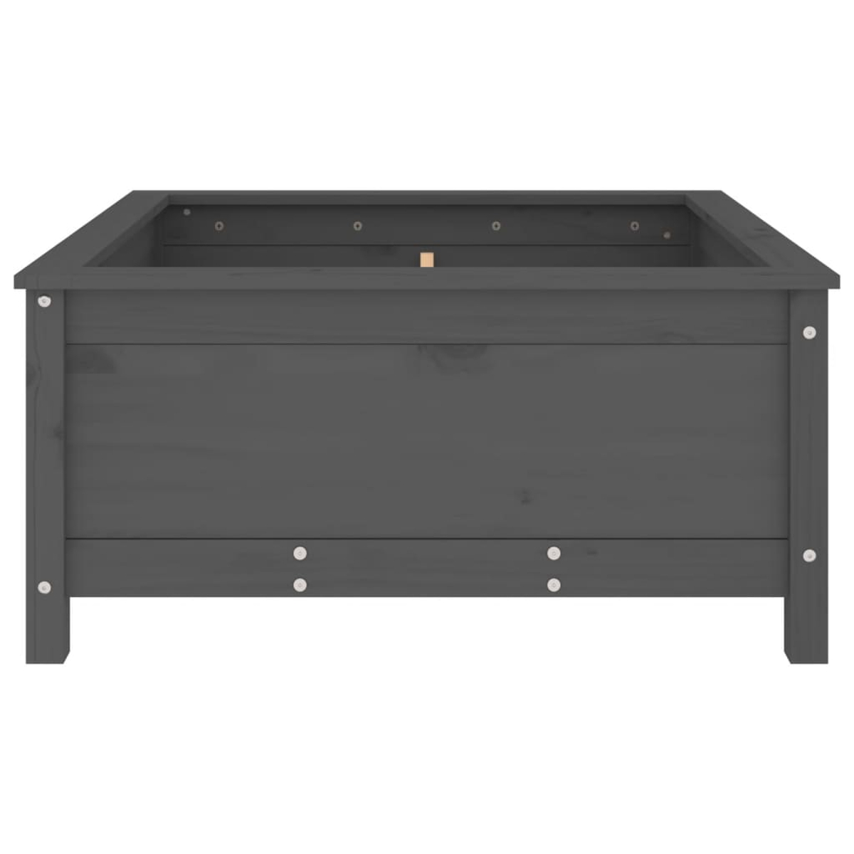 Graue Holzkasten, rechteckig mit Beinen, Schrauben sichtbar. Die Box ist leer, mit einem einfachen, sauberen Design.
