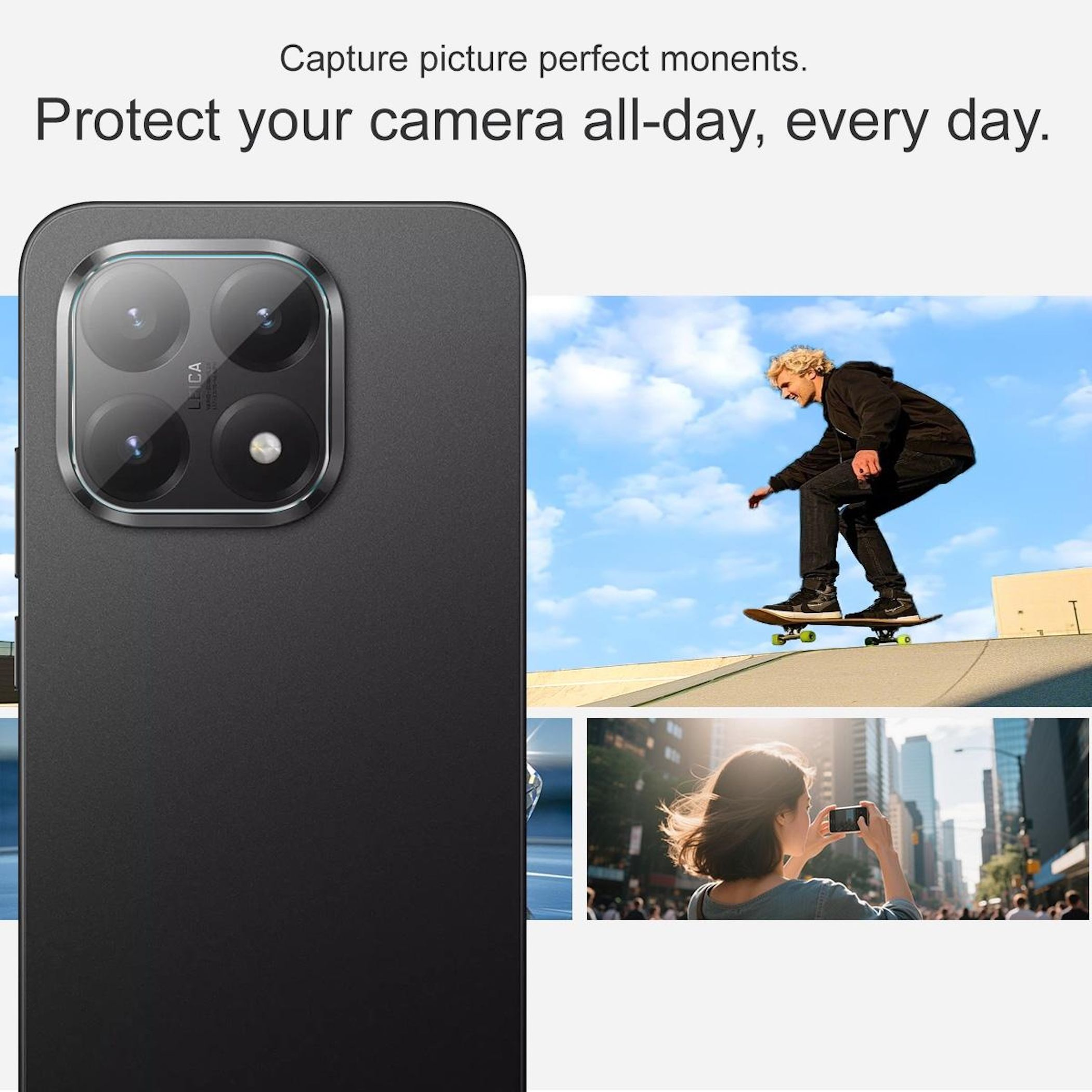 Eine Handyhülle mit Kameralinse, ein Skateboarder und eine Person, die mit einem Telefon fotografiert.
