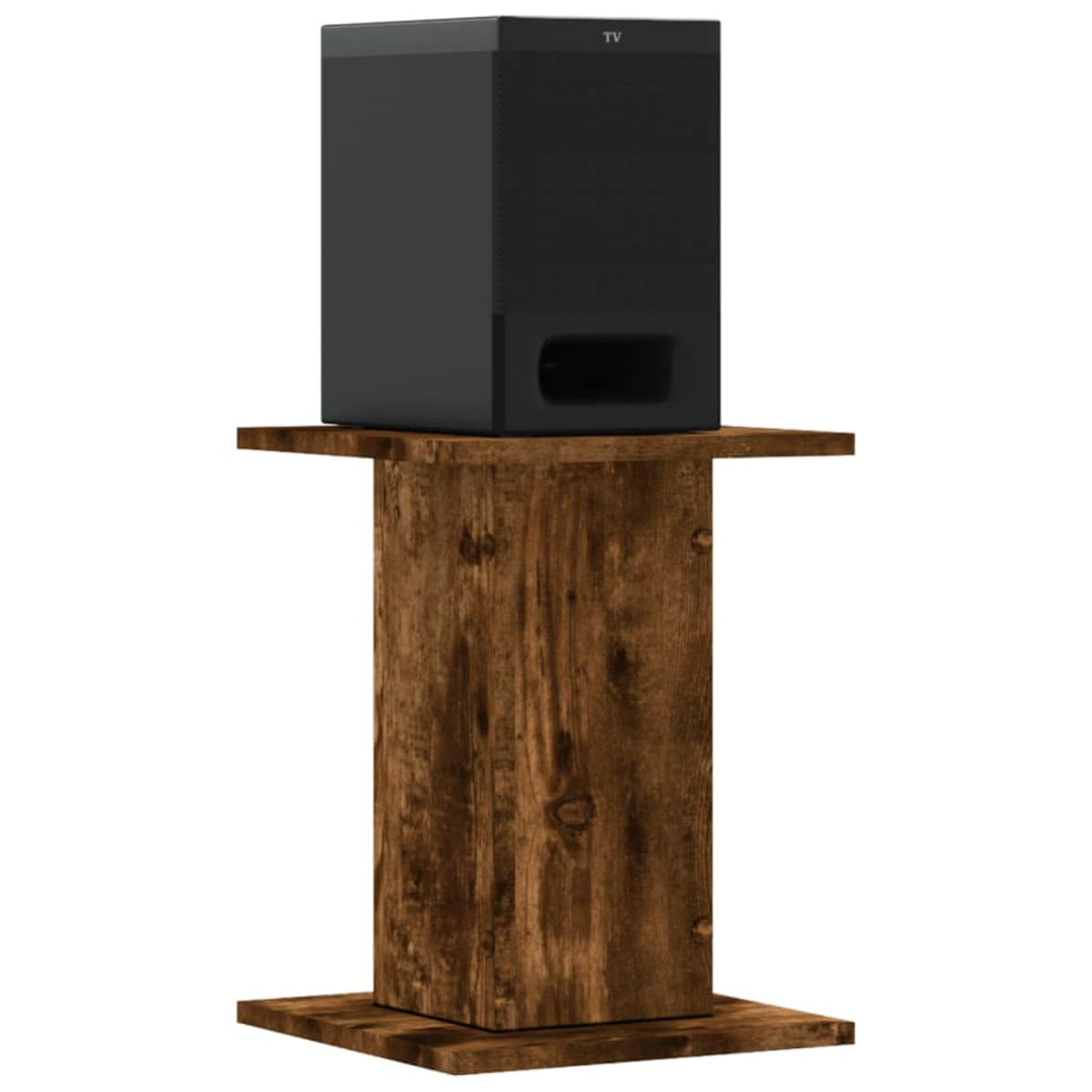 Eine schwarze Soundbar mit der Aufschrift 'TV' steht auf einem braunen Holzständer mit rechteckiger Basis und Oberseite und einer säulenartigen Stütze.