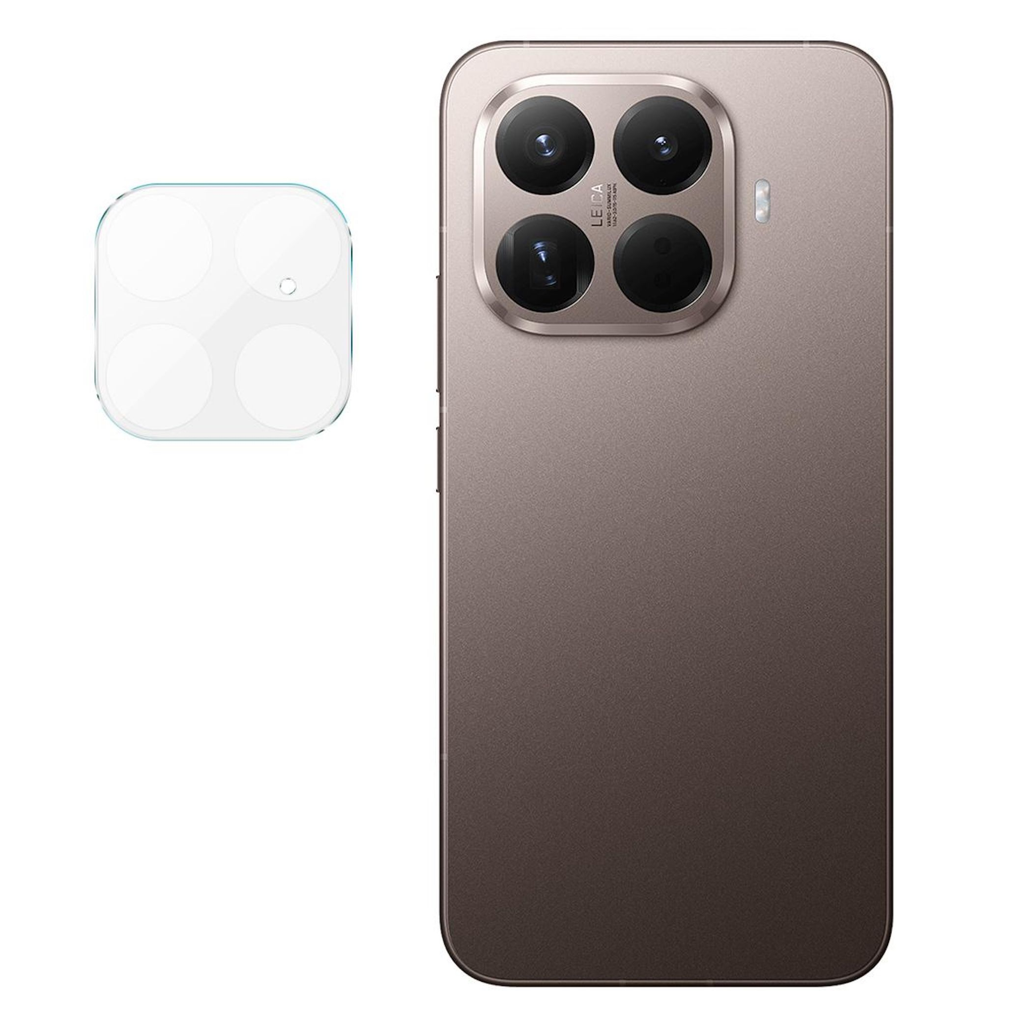 Uno smartphone marrone con quattro obiettivi e un proteggi obiettivo sul lato sinistro. Il telefono è al centro.