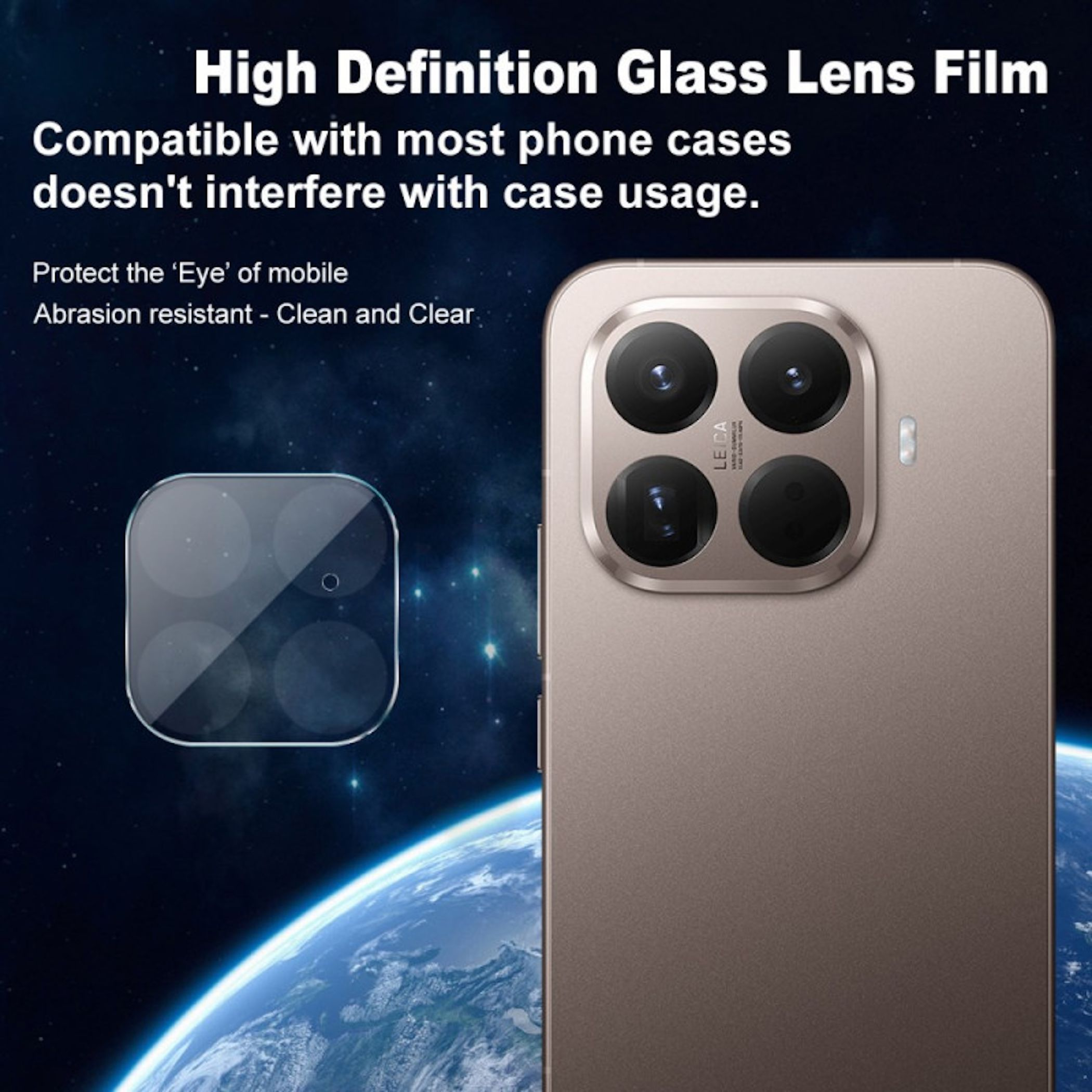 Un telefono con protezione dell'obiettivo, con un array di fotocamere e il testo 'High Definition Glass Lens Film'.