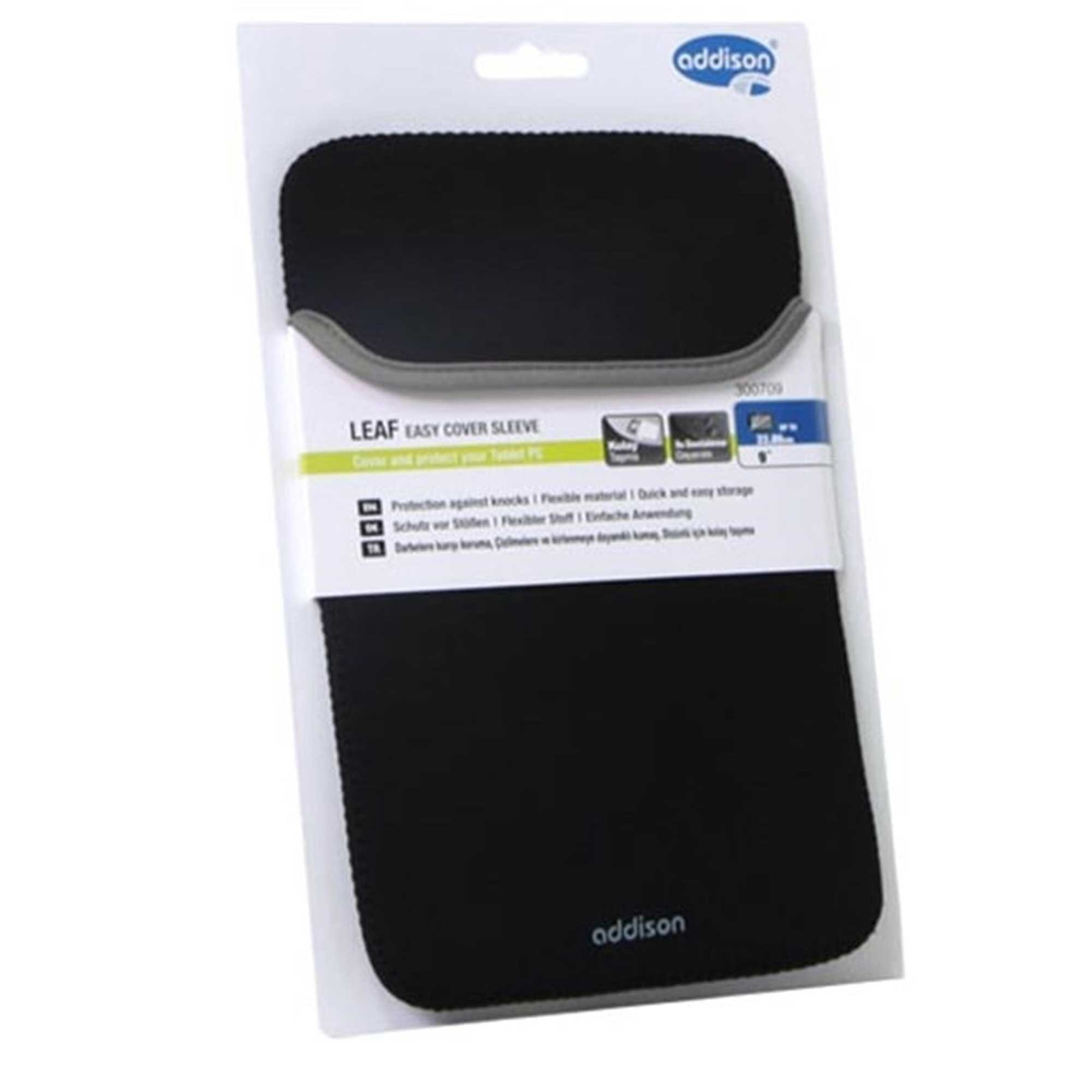 Plastik ambalaj içinde bir tablet kılıfı. Siyah, gri kenarlıdır. Marka Addison'dır.
