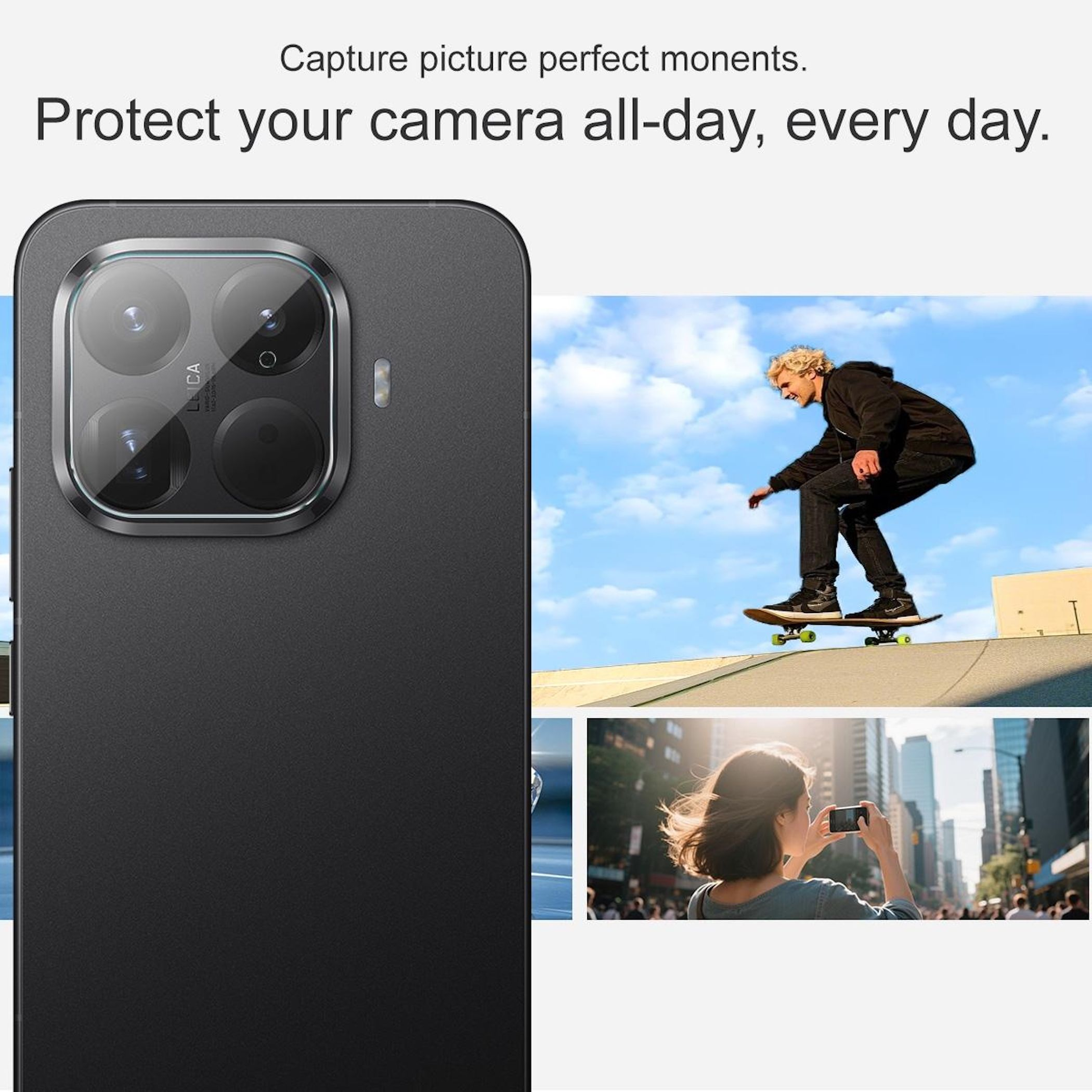 Un telefono con protezione per l'obiettivo, uno skater e una donna che scatta una foto in città.
