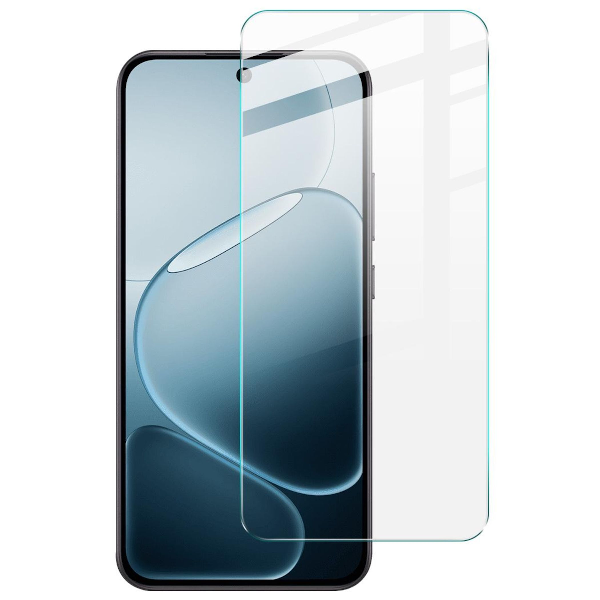 Ein Smartphone mit aufgebrachter Displayschutzfolie. Das Telefon zeigt ein hellblaues Hintergrundbild, die Folie ist klar.