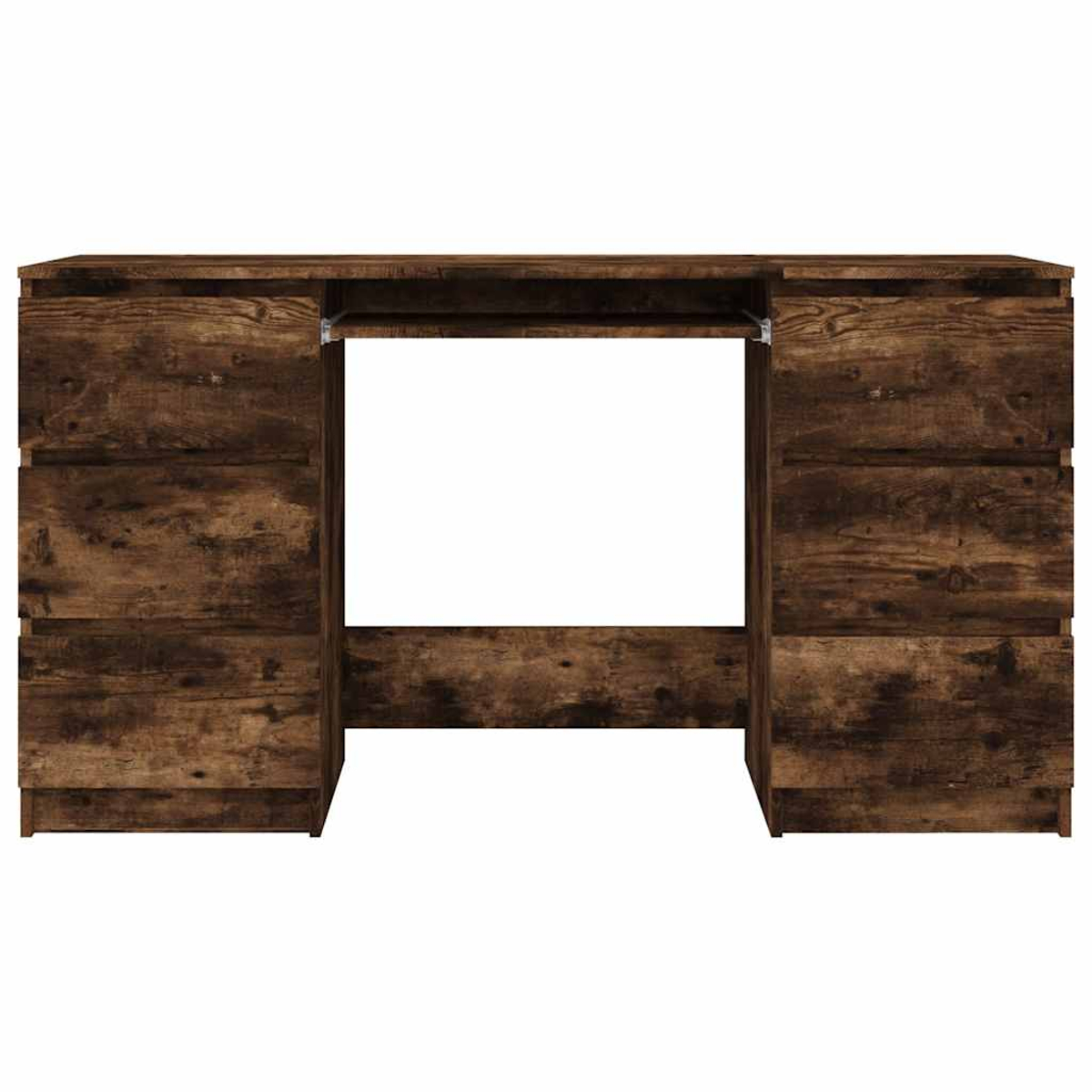 Ein brauner Holzschreibtisch mit Schubladen auf jeder Seite und einem großen offenen Bereich in der Mitte für einen Stuhl.