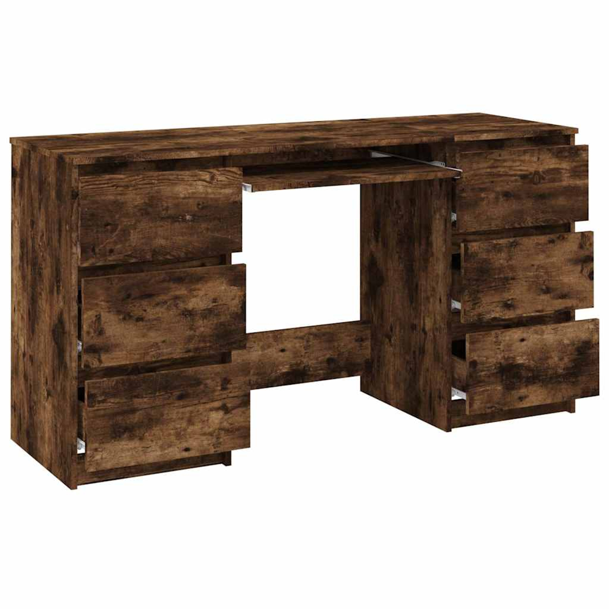 Ein brauner Holzschreibtisch mit Schubladen auf beiden Seiten und einem ausziehbaren Tastaturfach in der Mitte.