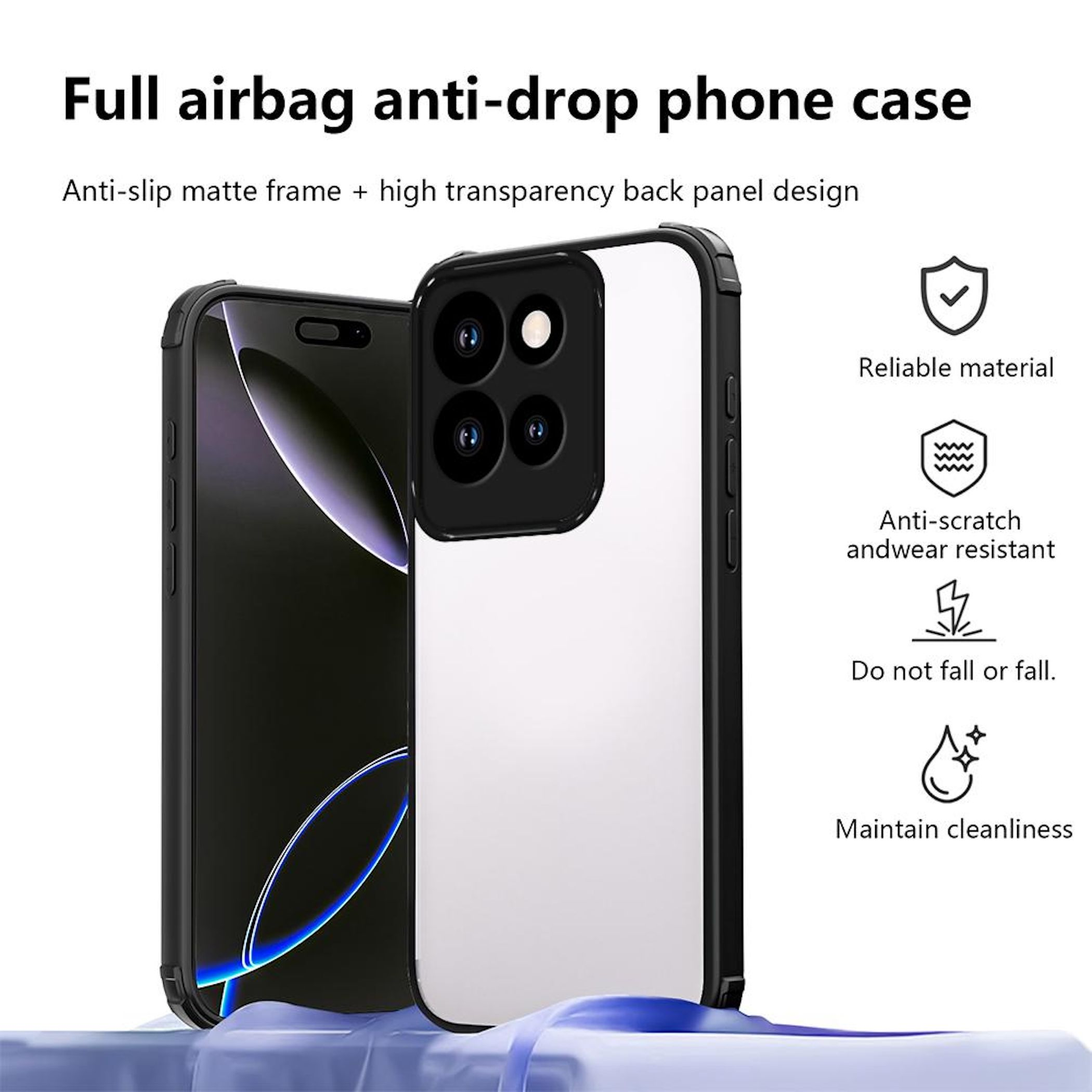 Ein Telefon mit schwarzer Hülle wird gezeigt. Die Hülle wird als Anti-Drop-, Full-Airbag-Hülle beschrieben. Weitere Infos sind vorhanden.