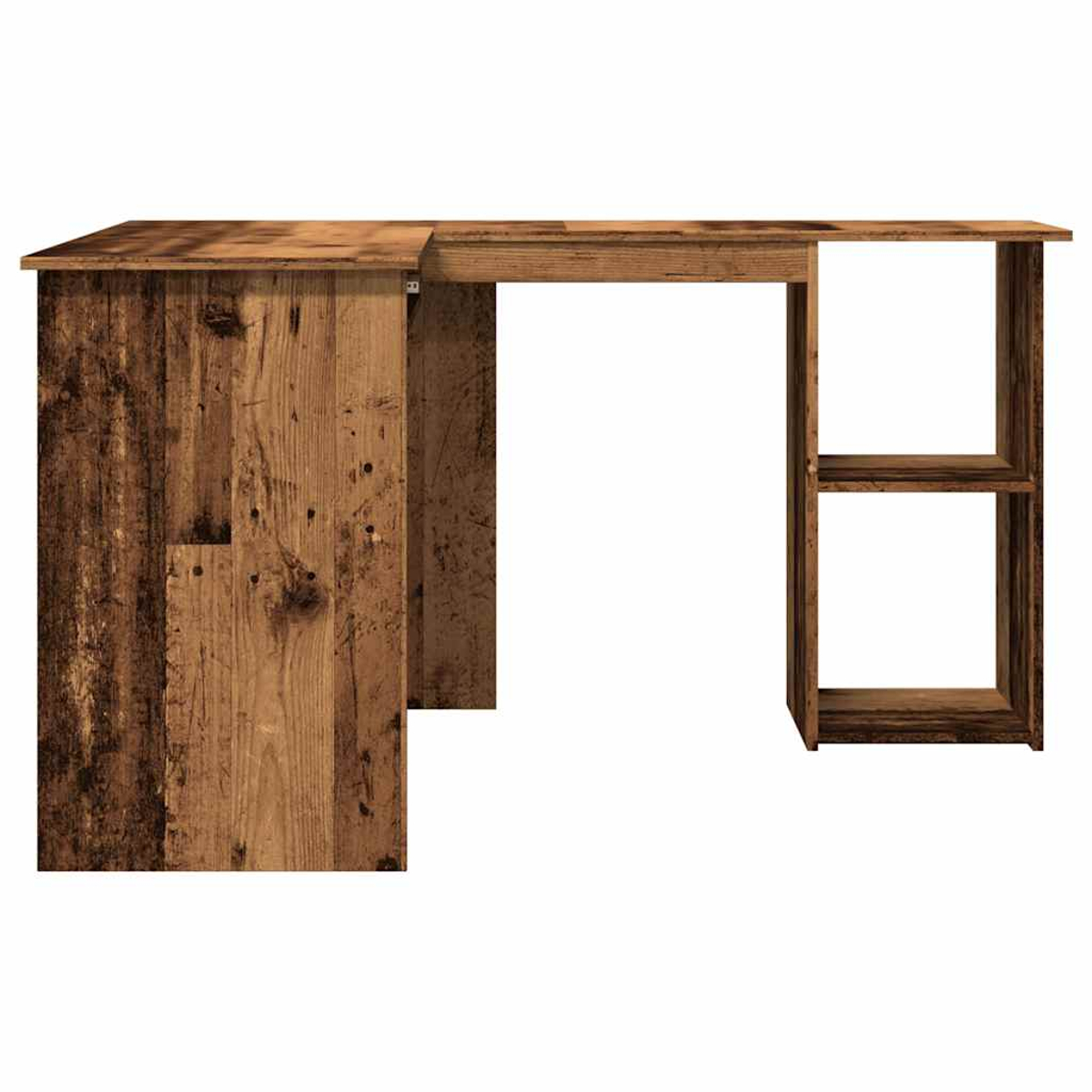 Ein Holzschreibtisch mit rustikalem Design. Der Schreibtisch hat eine Hauptfläche, eine Seite mit vertikalen Paneelen und ein Regal.