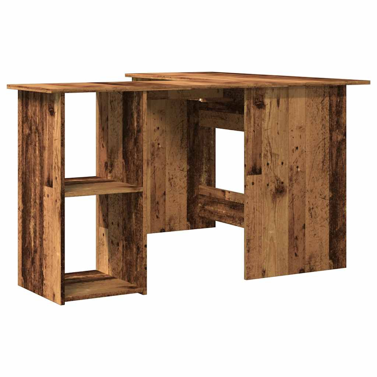 Ein hölzerner Schreibtisch mit Eckdesign. Er hat Regale und offene Bereiche. Das Holz hat eine natürliche Maserung und Knoten.