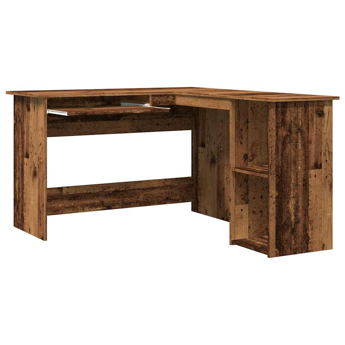L-förmiger Holzschreibtisch. Er hat eine Tastaturschublade und zwei Regale. Der Schreibtisch ist braun.