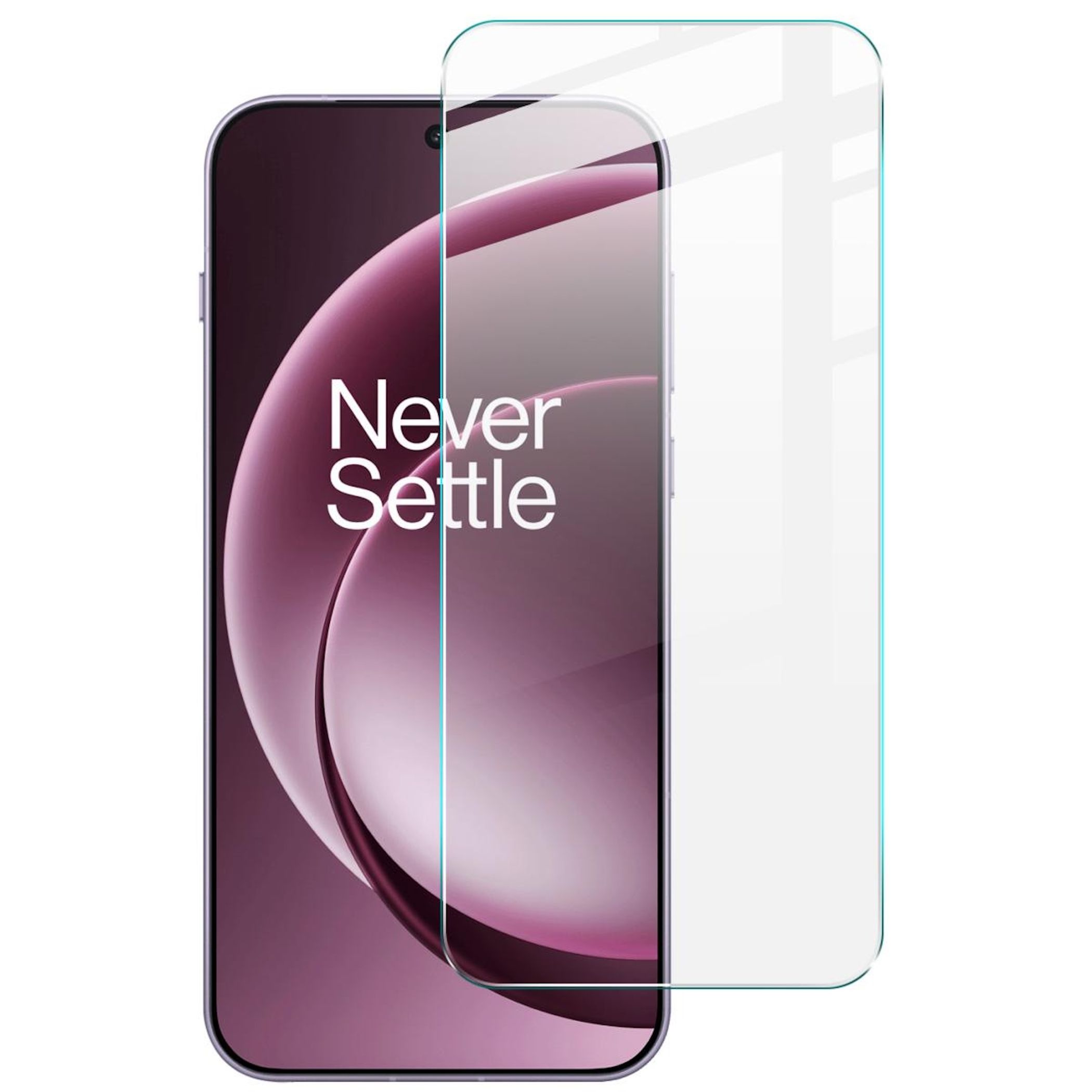 Telefon mit Displayschutzfolie. Der Bildschirm zeigt ein lila Design mit den Worten 'Never Settle'.