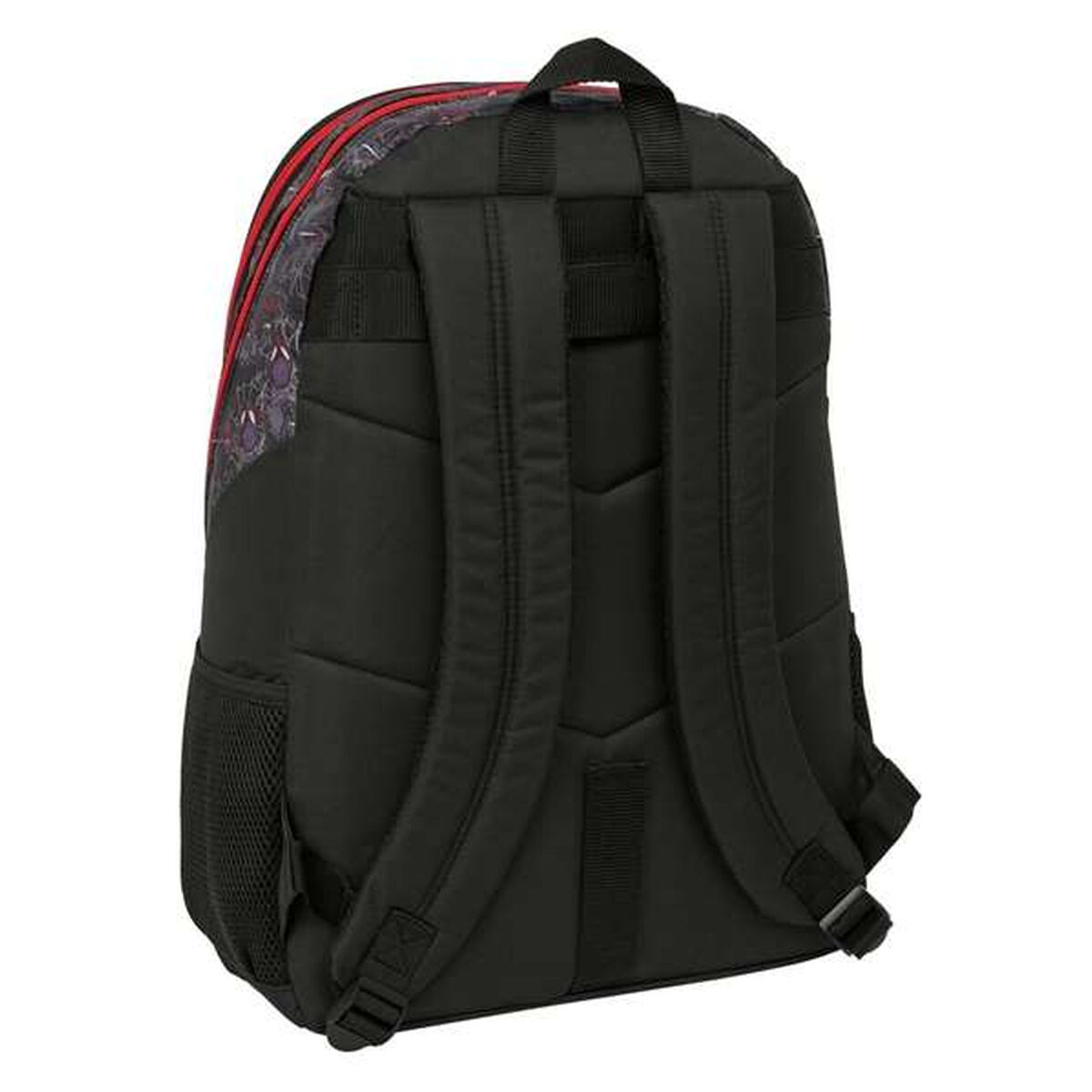 Ein schwarzer Rucksack mit gepolsterten Trägern. Er hat einen roten Reißverschluss und einen gemusterten Bereich oben.