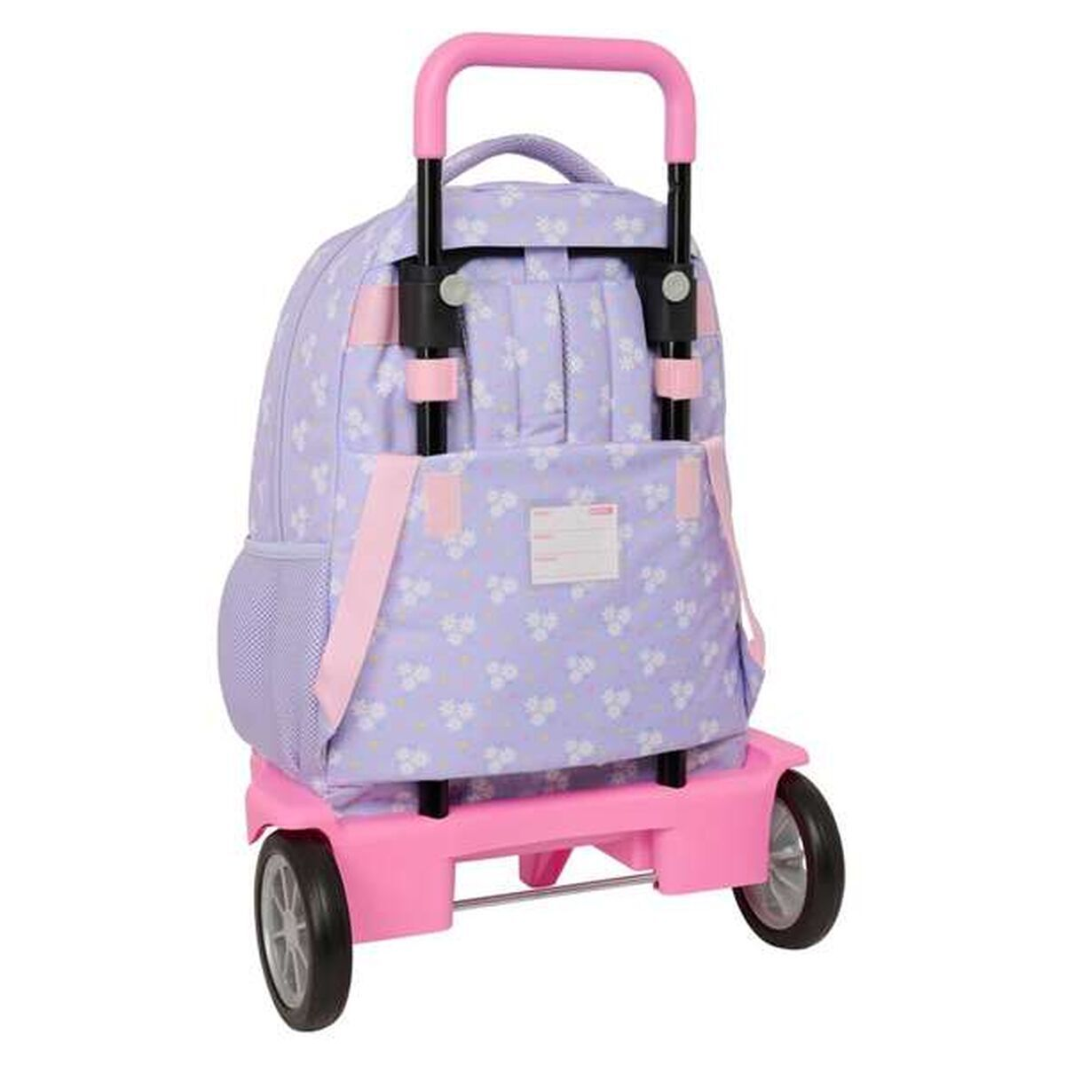 Ein lila Rucksack auf einem rosa Rollwagen. Der Rucksack hat ein Blumenmuster. Räder und Griff sind sichtbar.