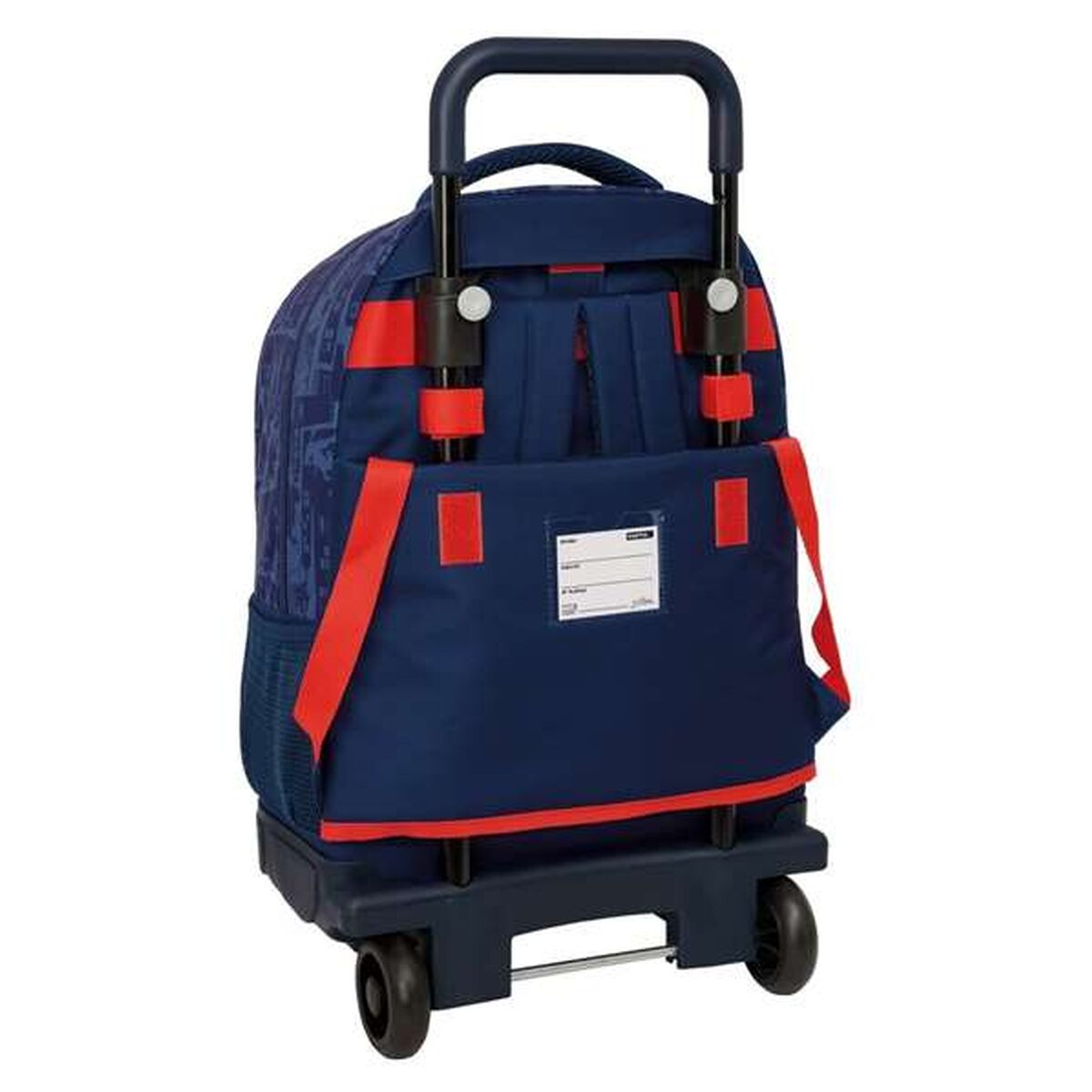 Ein marineblauer Rucksack auf Rädern. Er hat rote Akzente und einen schwarzen Griff. Die Räder sind schwarz und der Rahmen ist marineblau.