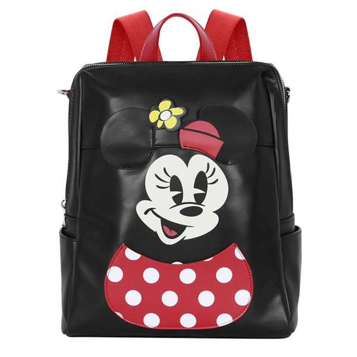 Ein schwarzer Rucksack mit Minnie-Maus-Gesicht. Rote Träger und Schleife mit weißen Punkten. Gelbe Blume am linken Ohr.