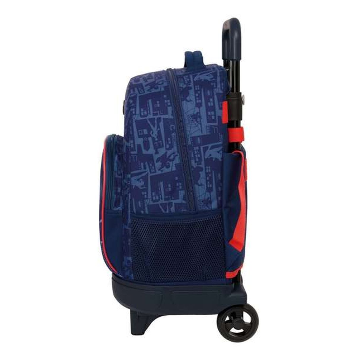 Ein blauer Rollrucksack mit Stadtmuster. Er hat einen roten Akzent, einen schwarzen Griff und zwei schwarze Räder.