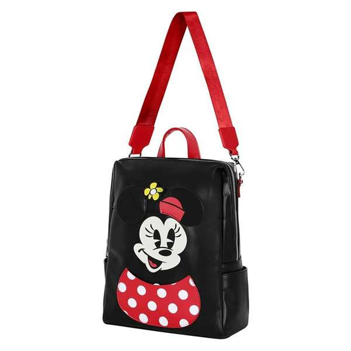 Ein schwarzer Minnie-Maus-Rucksack mit roten Trägern. Er zeigt Minnie's Gesicht und ein gepunktetes Kleid. Auf dem Kopf befindet sich eine gelbe Blume.