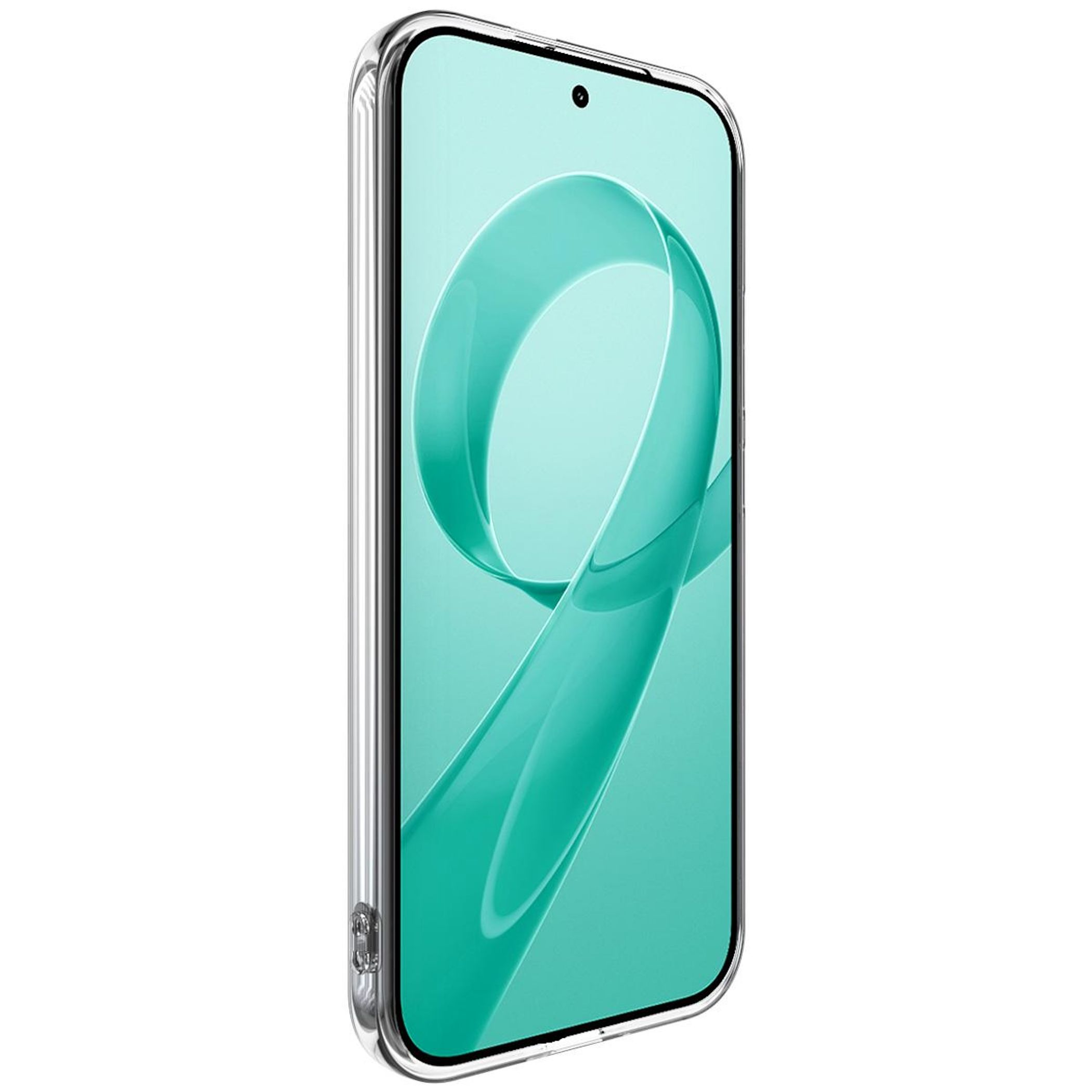 Ein Smartphone in einer transparenten Hülle. Der Bildschirm zeigt ein tealfarbenes, abstraktes Design. Das Telefon ist nach rechts abgewinkelt.