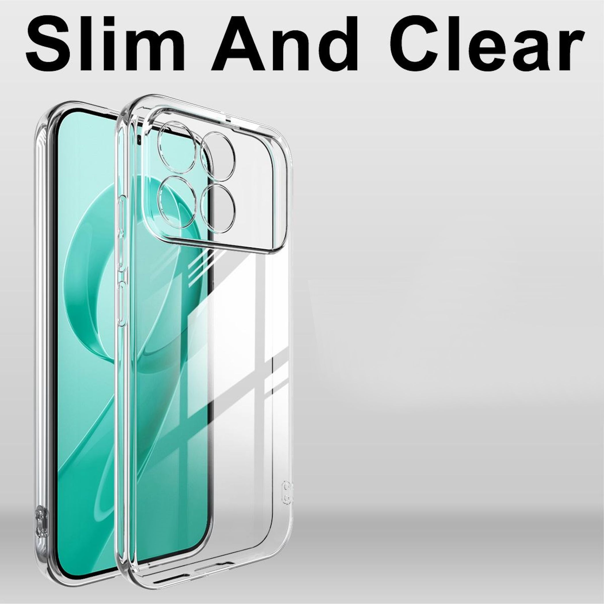 Transparente Handyhülle, schlankes Design. Telefon befindet sich in der Hülle mit türkisfarbenem Hintergrund.