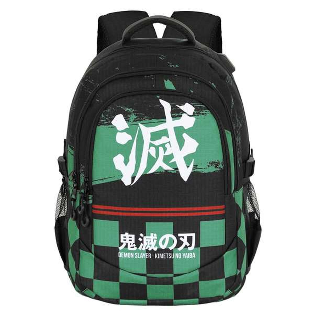 Ein schwarzer Rucksack mit grün-schwarzem Karomuster unten. Auf der Vorderseite befindet sich ein großes weißes Kanji und japanischer Text.