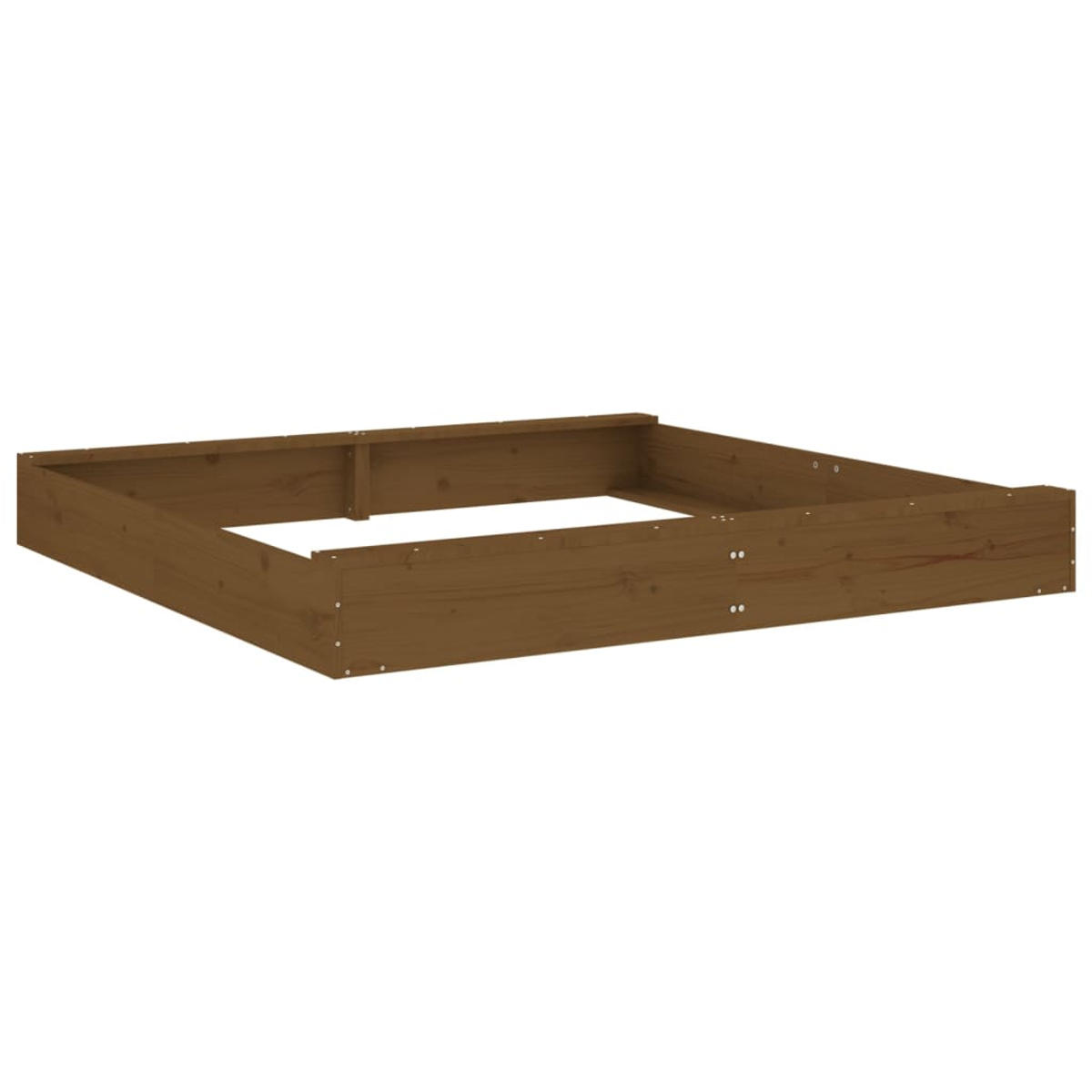 Ein brauner Holzbettenrahmen vor weißem Hintergrund. Er ist rechteckig mit sichtbaren Verbindungen und Schraubenköpfen.