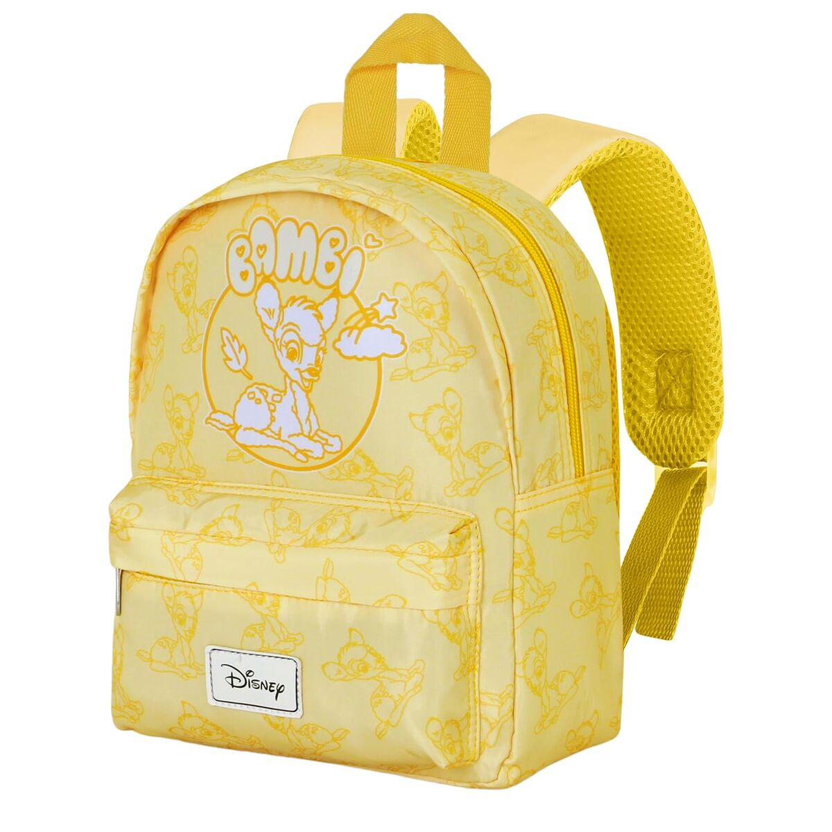 Ein gelber Bambi-Rucksack mit einer Bambi-Illustration und dem Disney-Logo. Er hat eine Vordertasche, einen Reißverschluss und Mesh-Träger.
