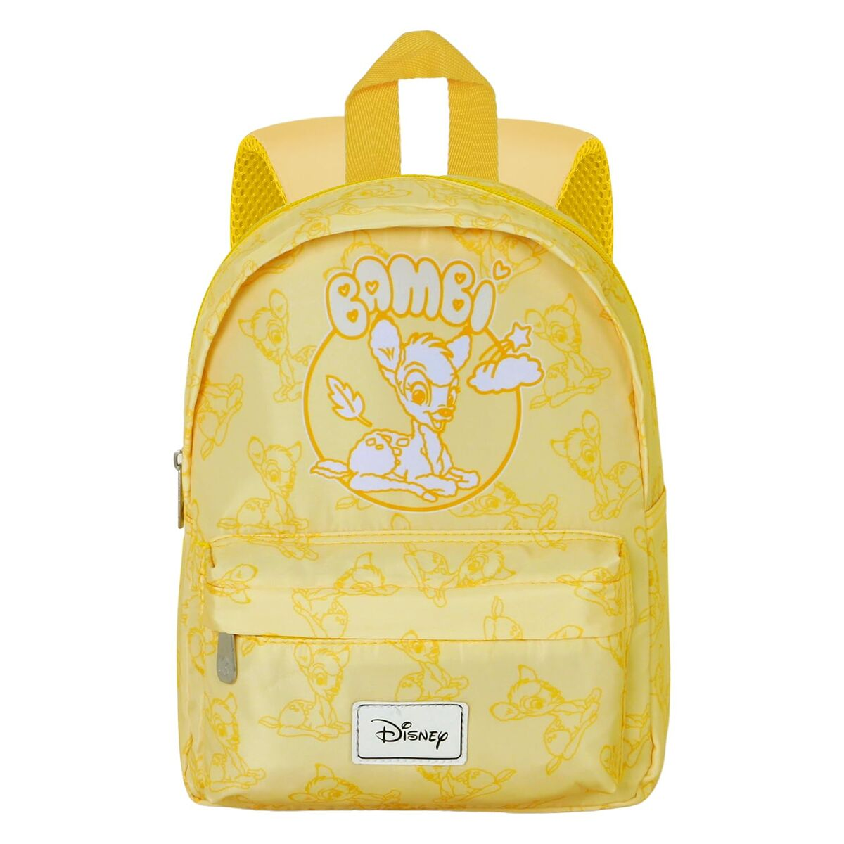 Gelber Rucksack mit Bambi-Aufdruck. Er hat ein Hauptfach und eine Vordertasche. Disney-Logo ist vorhanden.
