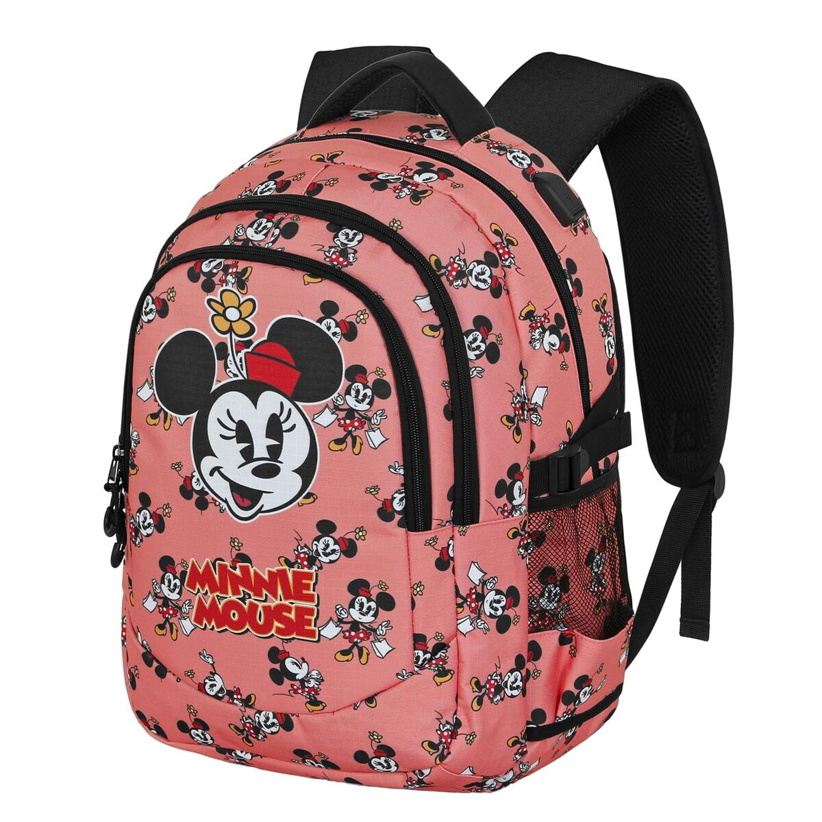 Rosa Rucksack mit Minnie Mouse Muster. Große Minnie-Gesicht und wiederholte kleinere Bilder. Schwarze Träger und Reißverschlüsse sind sichtbar.
