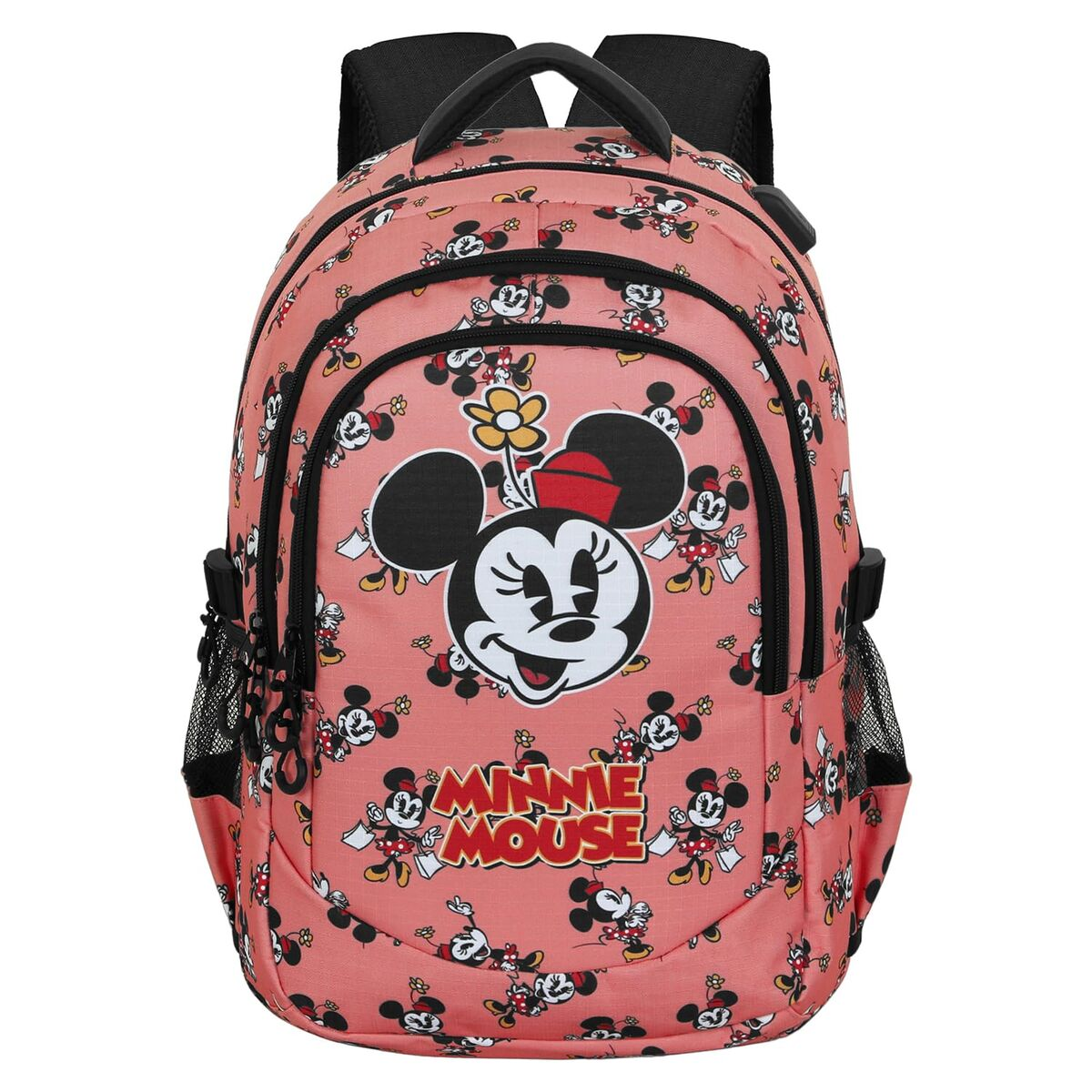 Rosa Rucksack mit Minnie Mouse-Muster. Mit Minnie's Gesicht und Logo. Hat schwarze Träger, Reißverschlüsse und Seitentaschen.
