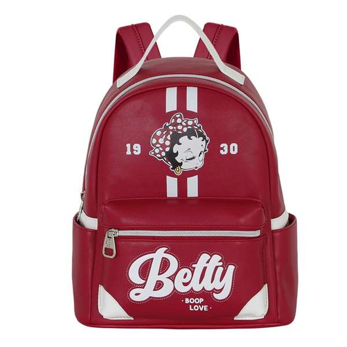 Roter Betty-Boop-Rucksack mit weißen Akzenten, Betty-Boop-Logo, den Zahlen 19 und 30 und einem Betty-Boop-Bild.