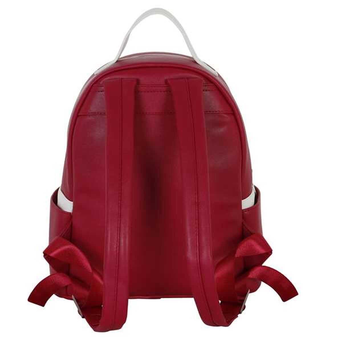 Ein roter Rucksack mit weißen Akzenten und einem weißen Griff. Er hat zwei Schultergurte und rote Schleifendetails unten.