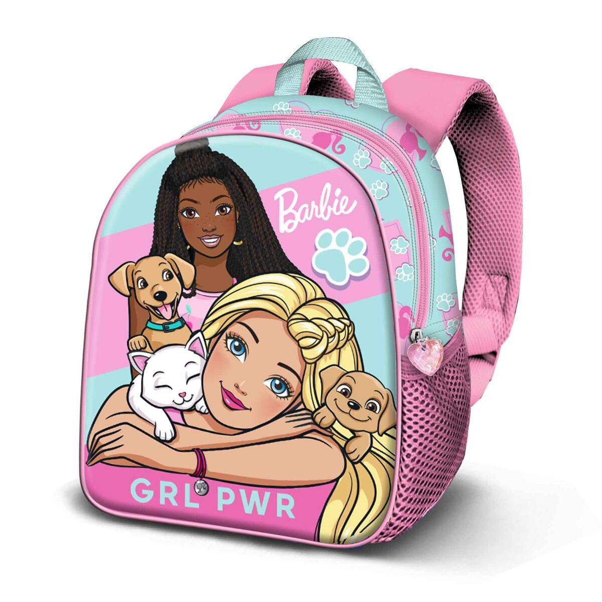 Barbie-Rucksack. Rosa und blau. Barbie und Freunde mit Haustieren. Der Text 'GRL PWR' steht unten.