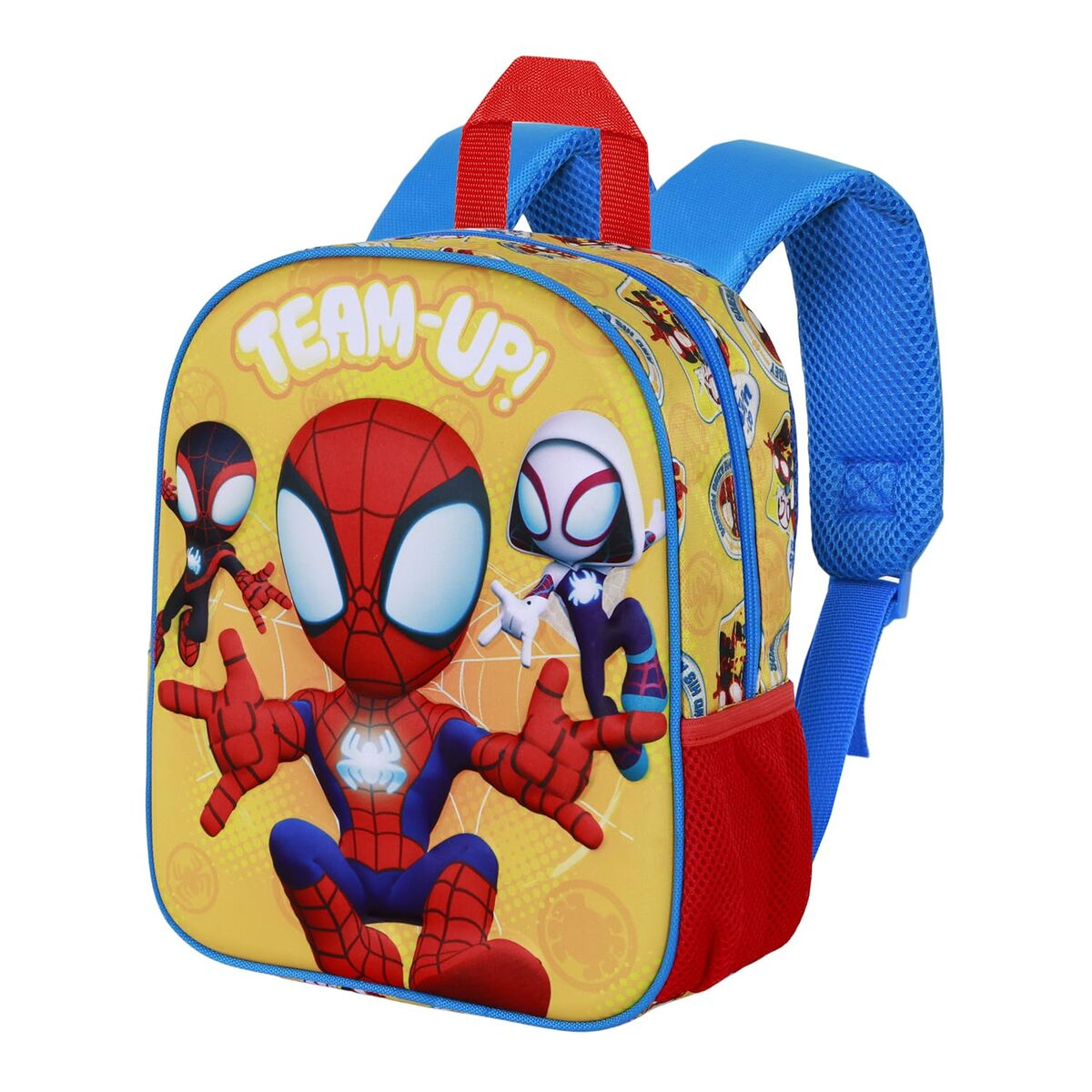 Ein gelber Rucksack mit Spider-Man-Figuren. Rot, Blau und Schwarz dominieren. Der Satz 'TEAM-UP!' ist aufgedruckt.