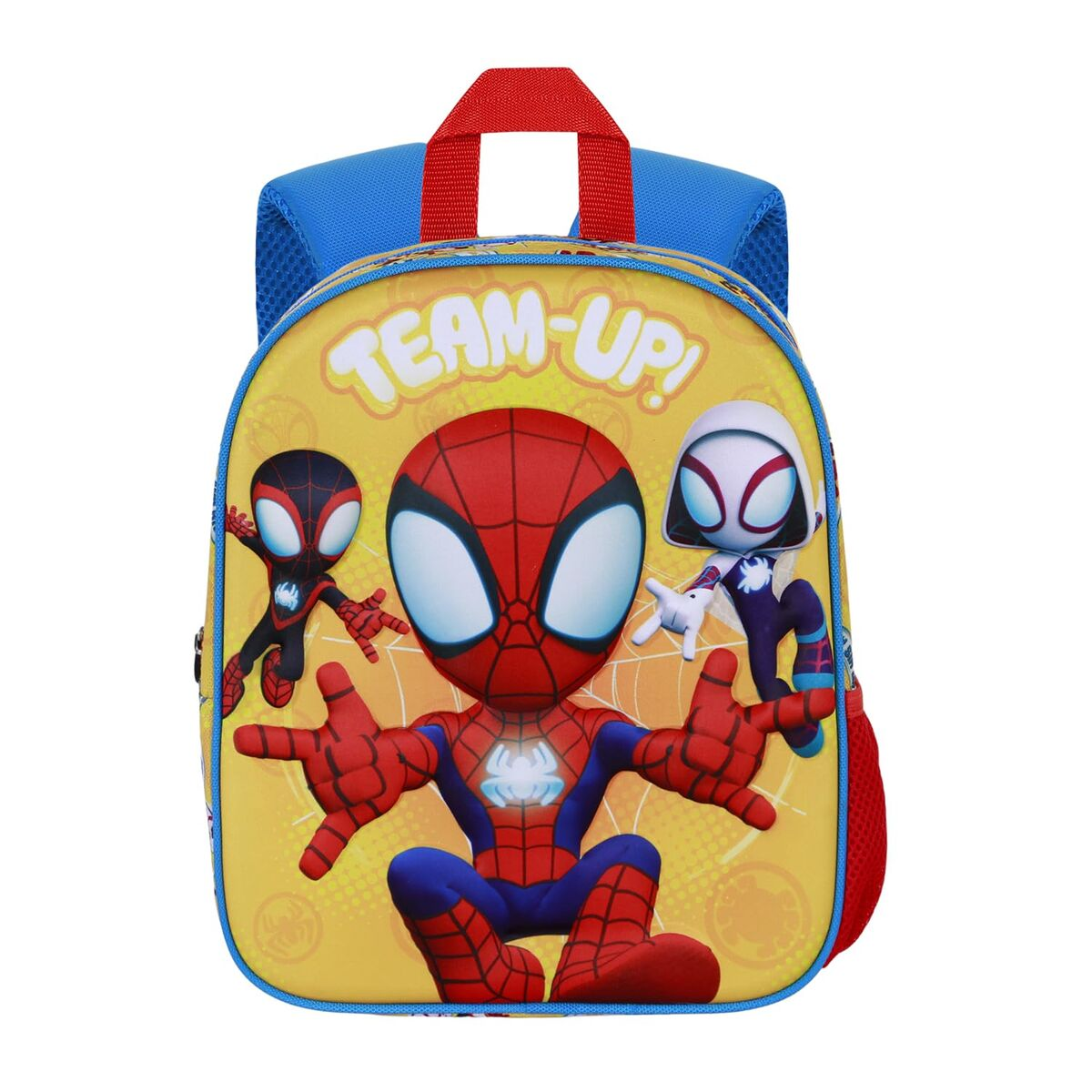 Ein gelber Rucksack mit Spider-Man und anderen Figuren. Er hat rote, blaue und gelbe Farben. Der Text "TEAM-UP!" ist sichtbar.