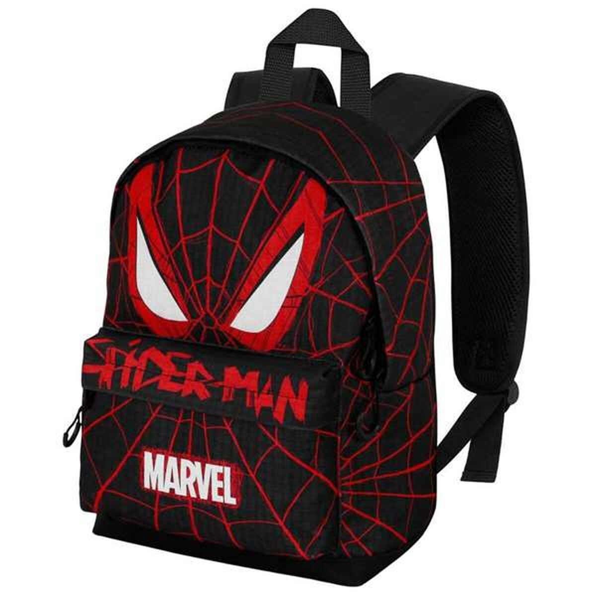 Schwarzer Spider-Man-Rucksack mit rotem Spinnennetz-Design. Mit Spider-Mans Augen, dem Text 'Spider-Man' und dem Marvel-Logo.
