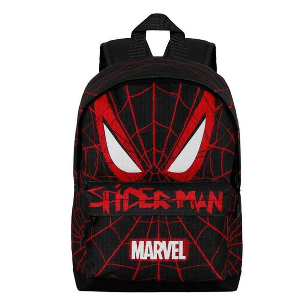 Schwarzer Rucksack mit Spiderman-Augen und Netzdesign in Rot. Der Name und das Marvel-Logo sind ebenfalls sichtbar.